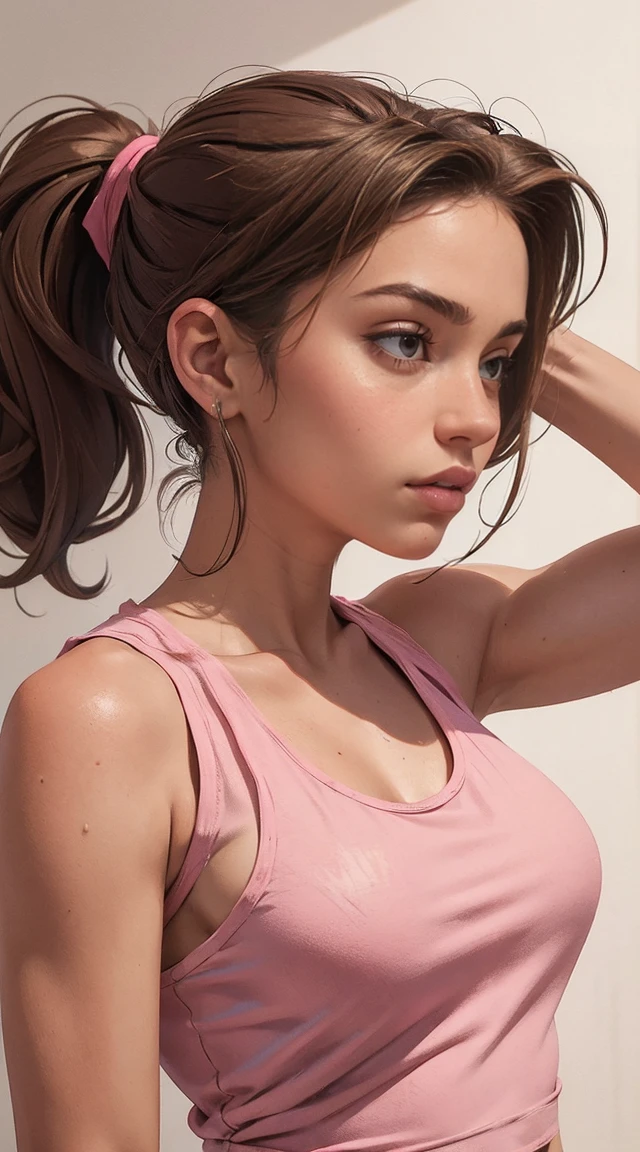 (masterpiece, best quality:1.4), portrait Solo, female, woman, brown wavy hair and a ponytail. torn clothes. (pink summer tank top)