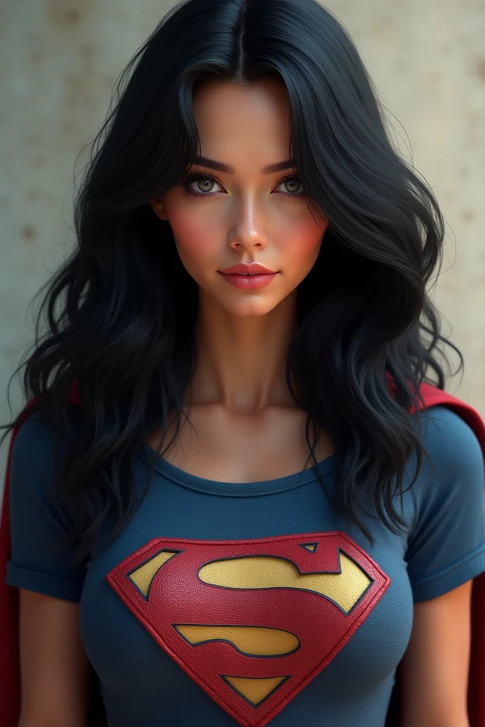 A MUSCULAR FEMALE, WITH LONG BLACK HAIR, BLUE EYES, WITH HUGE BULGING SWOLLEN MUSCLES, WEARING A CLASSIC SUPERMAN COSTUME AND RED CAPE. ABSURD 8K RESOLUTION, INCREDIBLY DETAILED SKIN AND EYES.