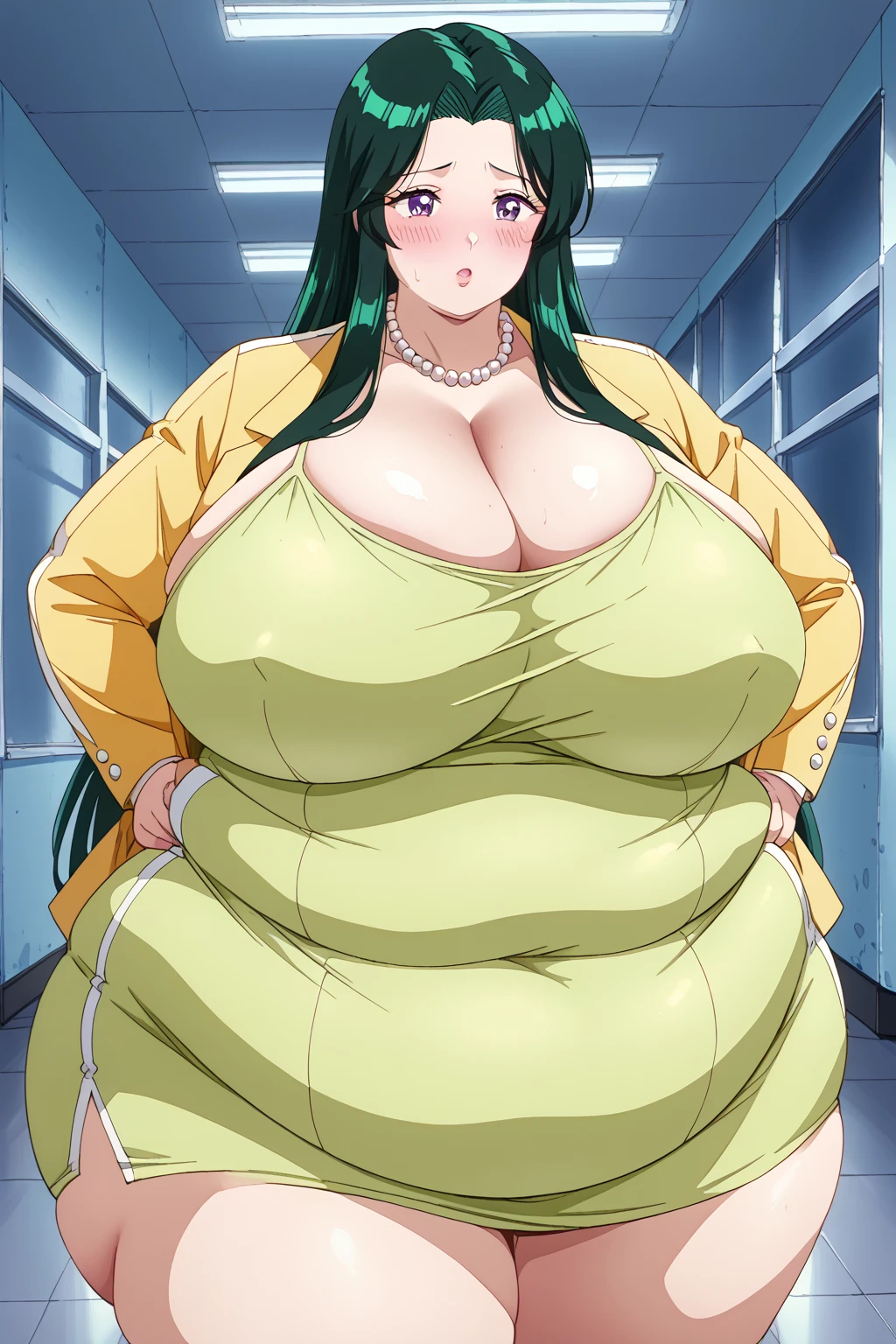 ritsuko takahashi,  dark green hair 、 long hair,  Purple Eyes ,Light yellow-green dress, pale yellow-green miniskirt、 yellow-green Spencer jacket、 pearl necklace, huge breasts, troubled expression,blush,milf, chubby, thick thighs,Elementary school hallway,Obese middle-aged woman,Severe obesity, Fat face,ssbbw,weight 250kg, score_9,  score_8_ up、 score_7_ up、 score_6_ up、 score_5_ up、 score_4_ up、 Masterpiece、 top quality, A beautiful woman with an obese figure,  absurd、 source_ anime anime screencap,  one woman、Alone、 personal  、Super huge breasts,  super huge clevis、Super huge, Super huge boob,Curvy、 wide hips、