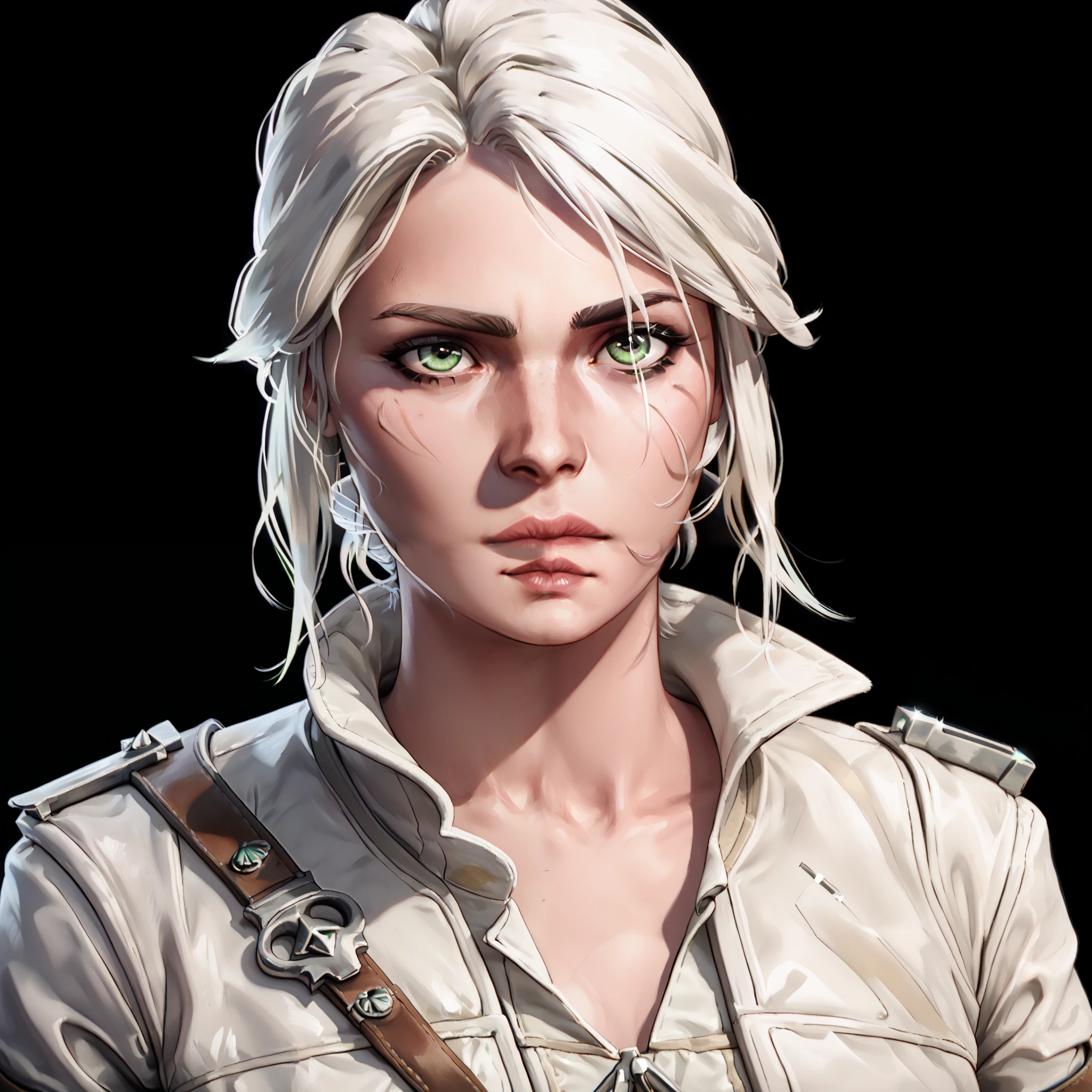 one woman, ciri, (green eyes:1.2), white hair, (upper body:1.3), (black background, clear background:1.5), (white military jacket:1.2), (studio lights, deep shadows:1.3), (small chest:1.2)