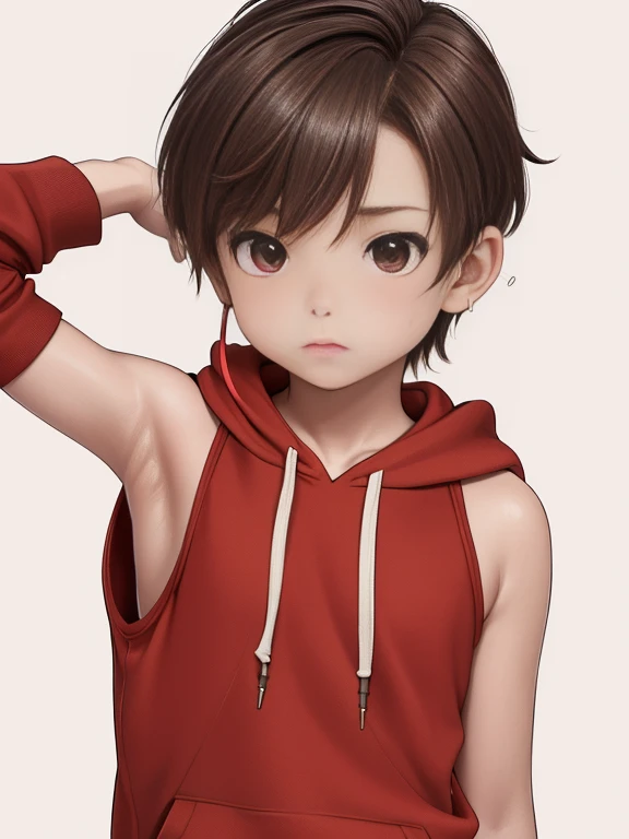 Highres, Masterpiece, Best quality at best,Best Quality,hight quality, hight detailed, 1boy, Shota, Red hoodie, Wearing headset, Sleeveless hoodie, (Smooth armpit), (very young boy), (very small and short body), 12-year-old boys, (Showing armpit:1.3), Simple beckground, Little sweat