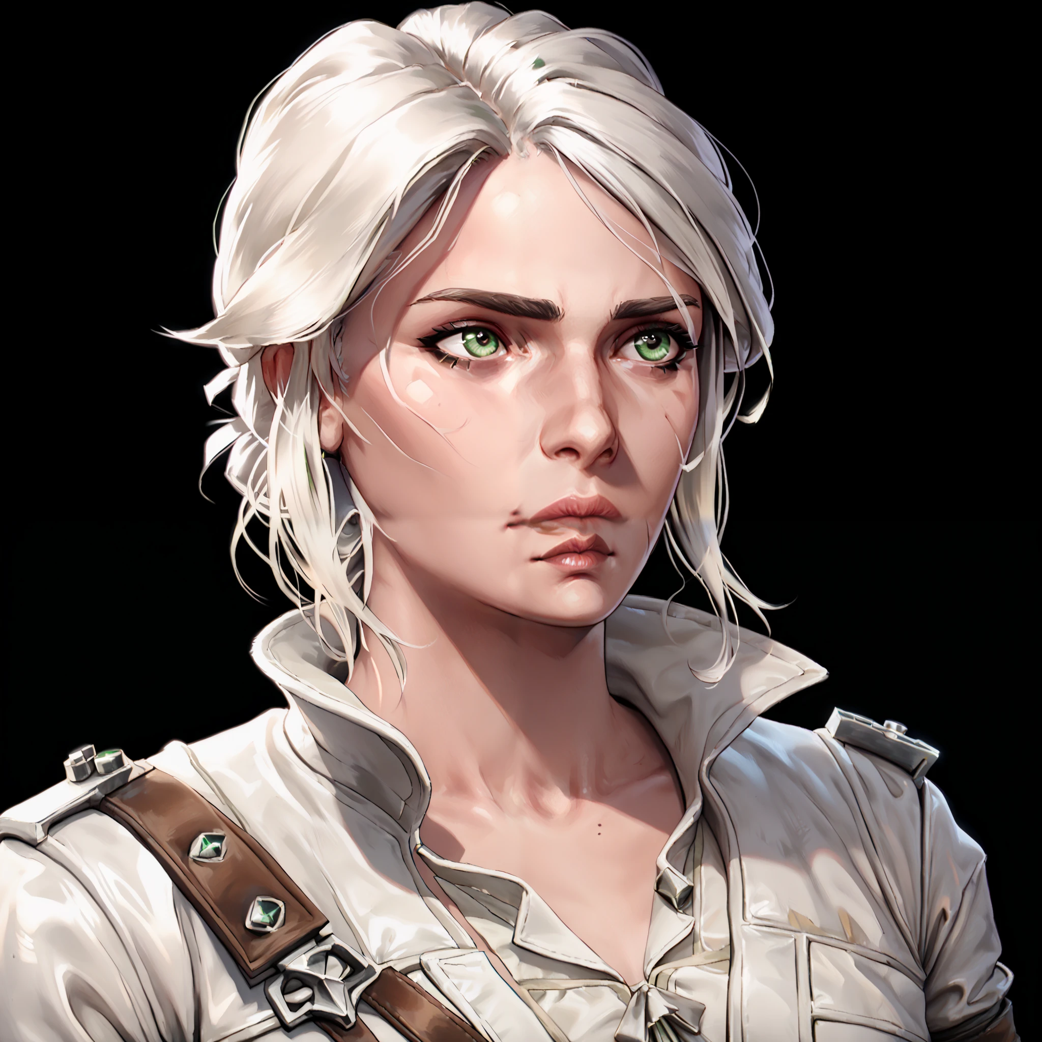 one woman, ciri, (green eyes:1.2), white hair, (upper body:1.3), (black background, clear background:1.5), (white military jacket:1.2), (studio lights, deep shadows:1.3), (small chest:1.2)