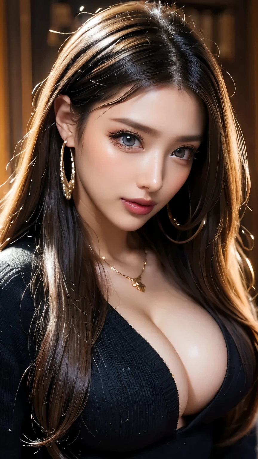 (      COWBOY SHOOTING  、     top quality、8k、       award-winning works       、                     ultra high definition   )、       beautiful woman、(     Black sweater     , Sexy cleavage:1.1)、Perfect big breasts、( blonde alone      :1.1)、     beautiful skin that shines with bright,          Glossy lipstick        、 a lot of people stand out with clear images    、     bright color contacts       、Perfect gal makeup、    Perfect for an adorable companion 、The sleeve is torn    、(  Dark makeup for women      :1.2)、(             dark brown beige around the eyes             :1.1)、             Beautiful Bright Eye Shadow             、       dark sexy makeup around the eyes       、(Big Breasts:1.2)、       super long wavy hair       、(Romantic affection:1.1)、 amazing adult sex appeal The best smile he has when he sees me      、(       there are many people that accentuate body lines     ..:1.1)、(Strongly blurred、       a   。:1.1)、(  The image is clear 、      jacket    :1.1)、       accurate anatomy、       ultra HD hair、(                     ultra high definition   の完璧な美しい歯:1.1)、Ultra HD beautiful face   、       ultra HD hair、  crystal clear bang 、Ultra HD Shining Eyes、輝く                     ultra high definition   の美肌、                     ultra high definition   の艶やかな唇、       Harry Winston necklace       