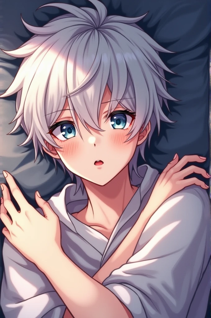 A white-haired boy,Blushing and sitting on the bed,A look of grievance