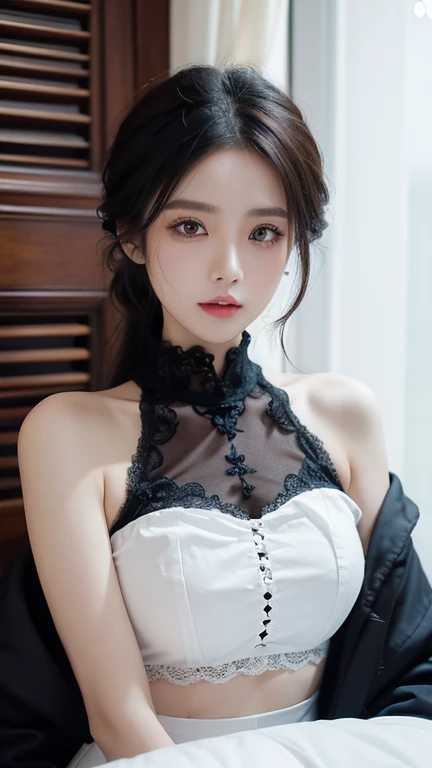 （Best quality details：1.2），realisticlying，8K high-definition，ultra - detailed，High-quality textures，Complicated details，detailed textures，finely detailled，high detal，（VerydetailedCG：1.38 ),High Picture Quality，Delicate, beautiful and delicate face,Delicate beautiful and delicate eyes,ultra - detailed，realisticlying,(detailedbackground)，[(Detailed face)：14]，(Detailed nose redness)，(Huge chest)，(highdetailskin:1.4),paleskin，(Black eye details:1.4),(largeeyes),full bodyesbian， A high resolution，1 rapariga， Ponytail pink hair， Korea， eBlue eyes， The shirt， Tight lace skirt， big breasts thin waist，Long legs