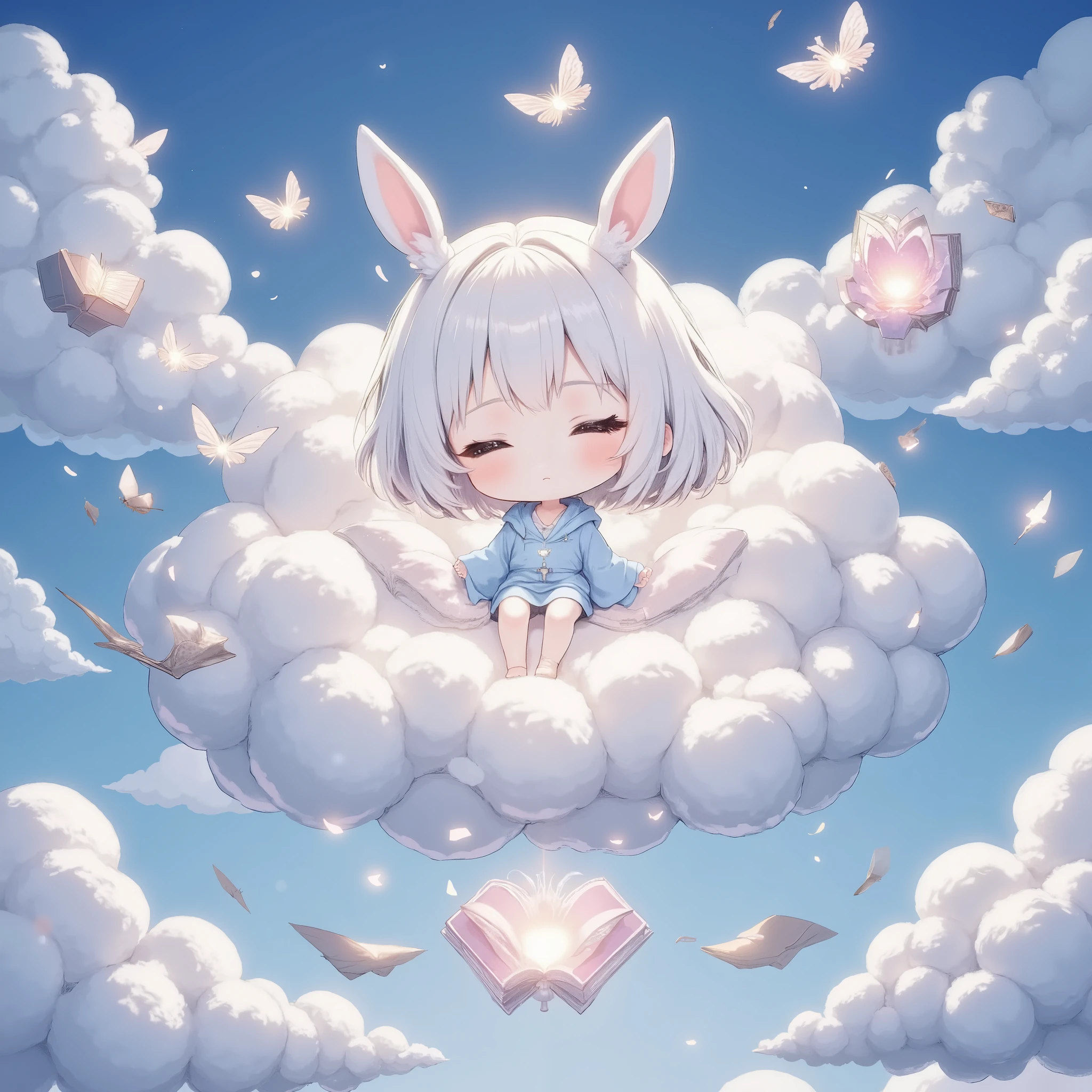 cloud painting style, dreamy and translucent, books floating as if made of clouds, chibi characters,solo,airy and ethereal designs, glowing butterflies and lanterns appearing as wisps of light, soft gradients and delicate textures, magical and serene atmosphere, highly detailed cloud-like elements