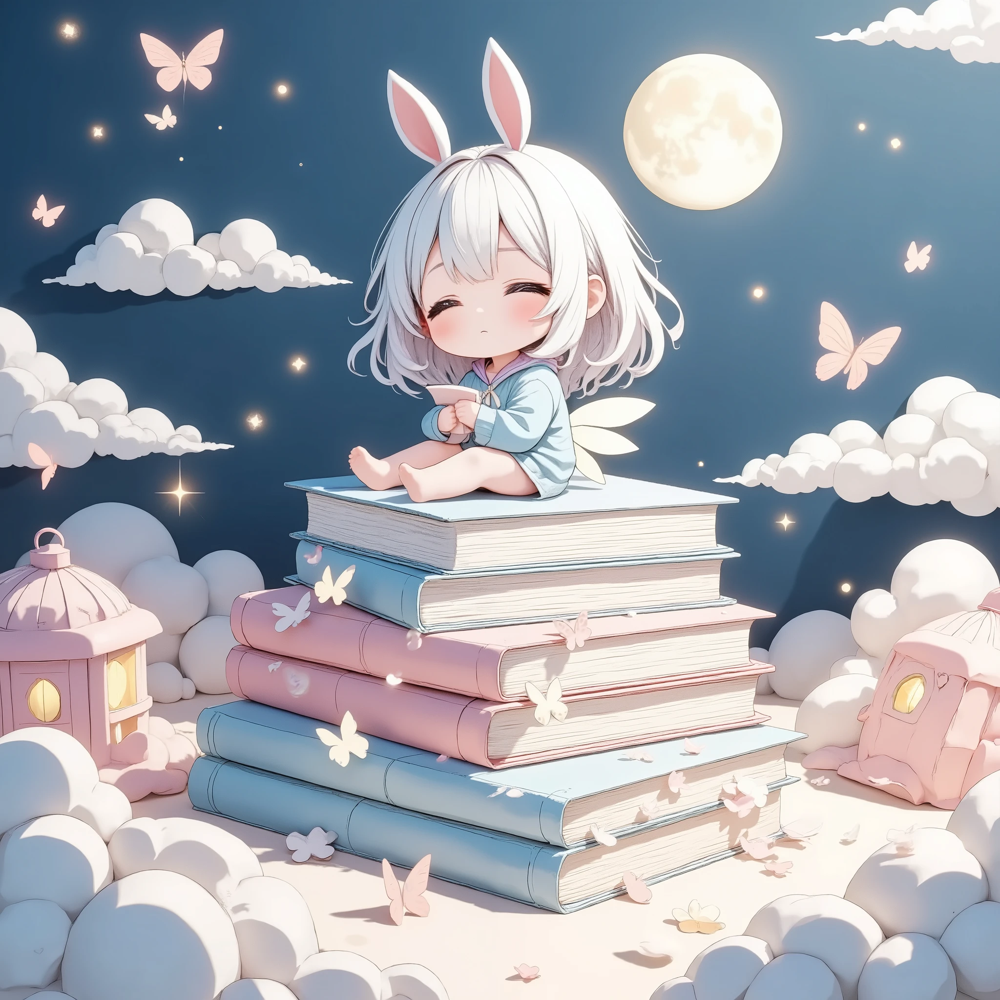 papercut style, whimsical layered paper design, books stacked as if crafted from cut-out paper, 1chibi characters,solo,soft pastel colors and paper-textured wings, clouds and moon rendered with fine paper edges, glowing lanterns and delicate butterflies, dreamlike atmosphere, intricate cut-out details, soft and playful aesthetic
