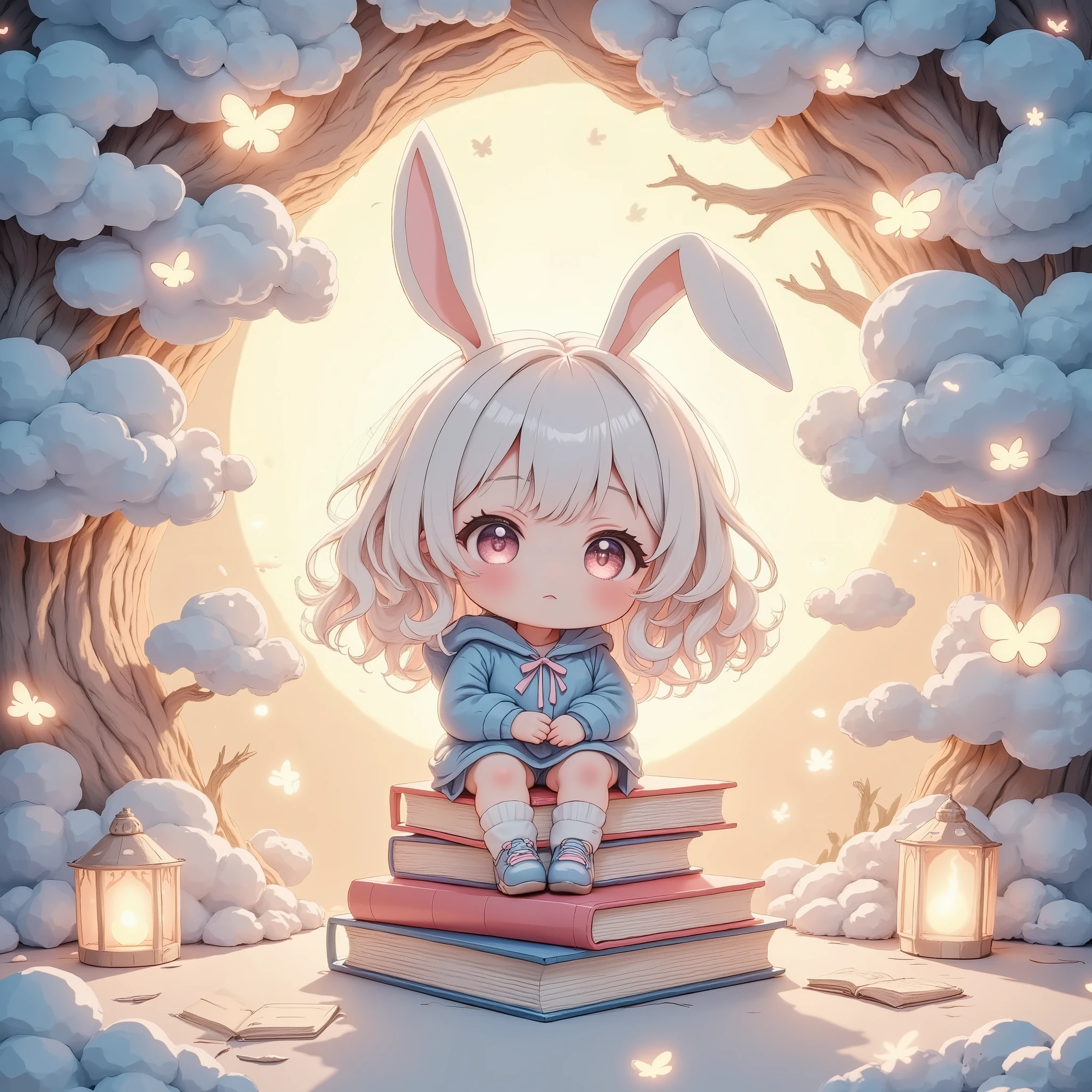 papercut style, whimsical layered paper design, books stacked as if crafted from cut-out paper, 1chibi characters,solo,soft pastel colors and paper-textured wings, clouds and moon rendered with fine paper edges, glowing lanterns and delicate butterflies, dreamlike atmosphere, intricate cut-out details, soft and playful aesthetic
