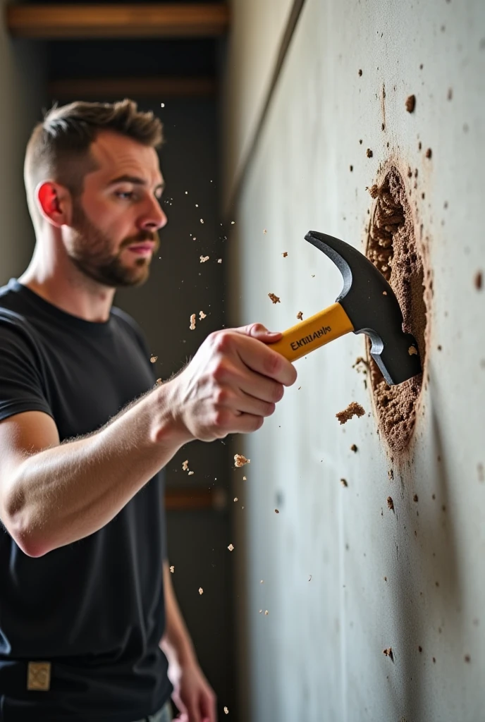 photorealistic image of a{hand swinging a hammer on a nail, intricate detailed, skin pores} mounting wall, high res, best quality