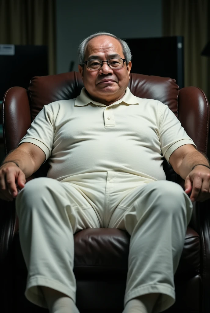 medium long shot photo, 24mm photo, ultra realistic, facing straight to camera, 60 years old japanese older man, glasses, a slightly chubby, white thin hair, thinning hair, wearing white polo t shirt and white tight trousers , sit on a arm chair in the office, legs spread, penis print, testicles print, well lighting, looking straight at camera, dim lighting background.
