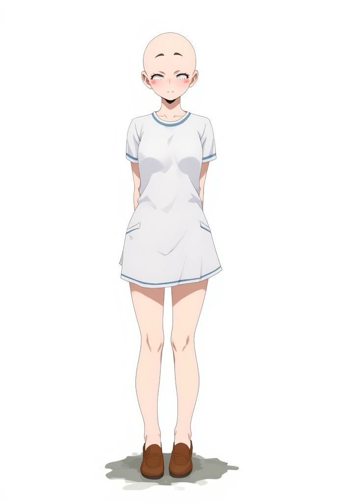  HD，High-definition quality, HD. A bald anime girl，Wear a small dress， Small chest，small chest ， long legs， brown brown loafers ，Standing，Looking straight ahead, facing the audience， View audience ，Standing，Look ahead， simple background，Delicate skin