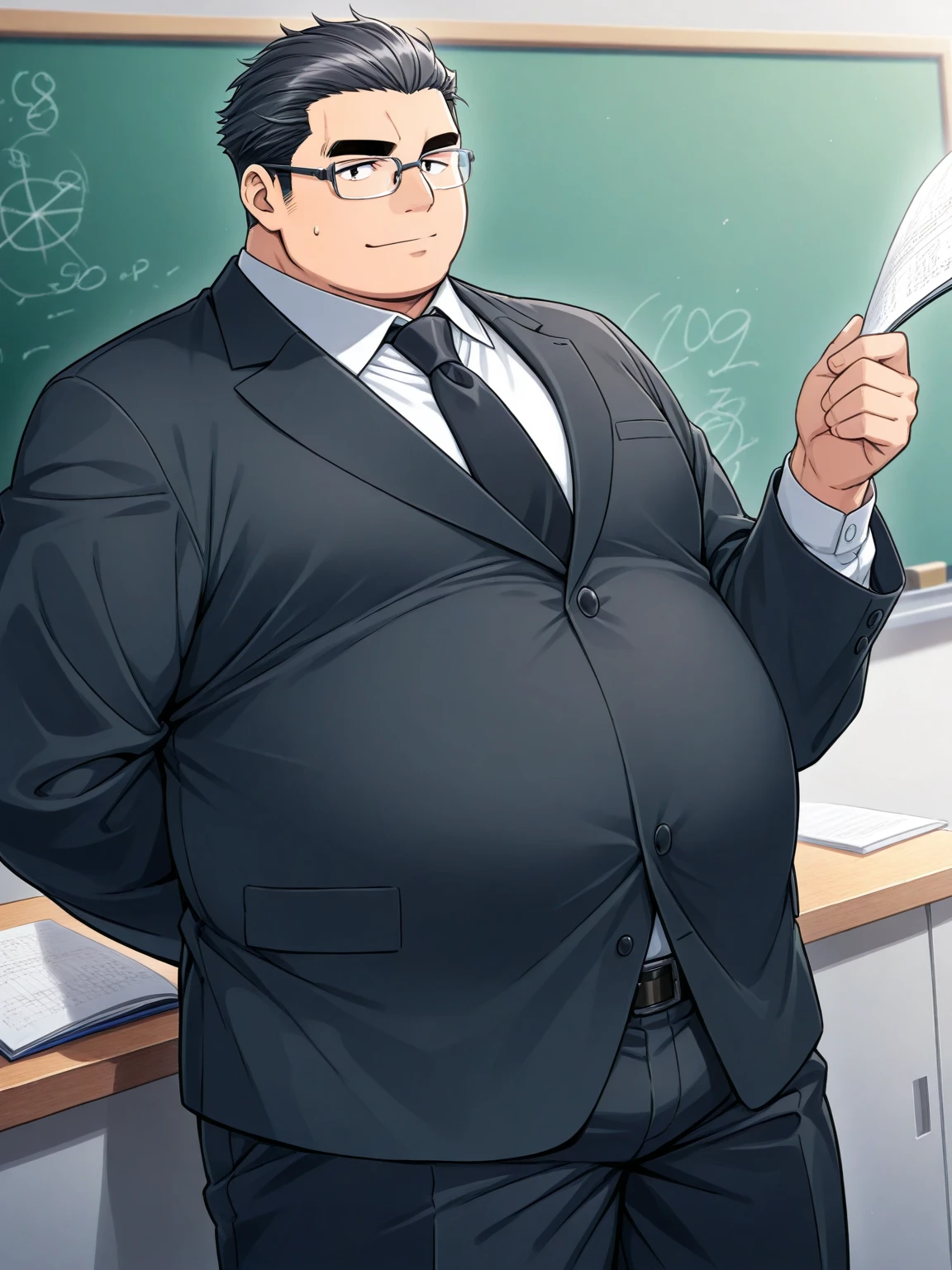 obese man, middle-aged,suit,Japanese, slicked back hair, teacher, glasses
