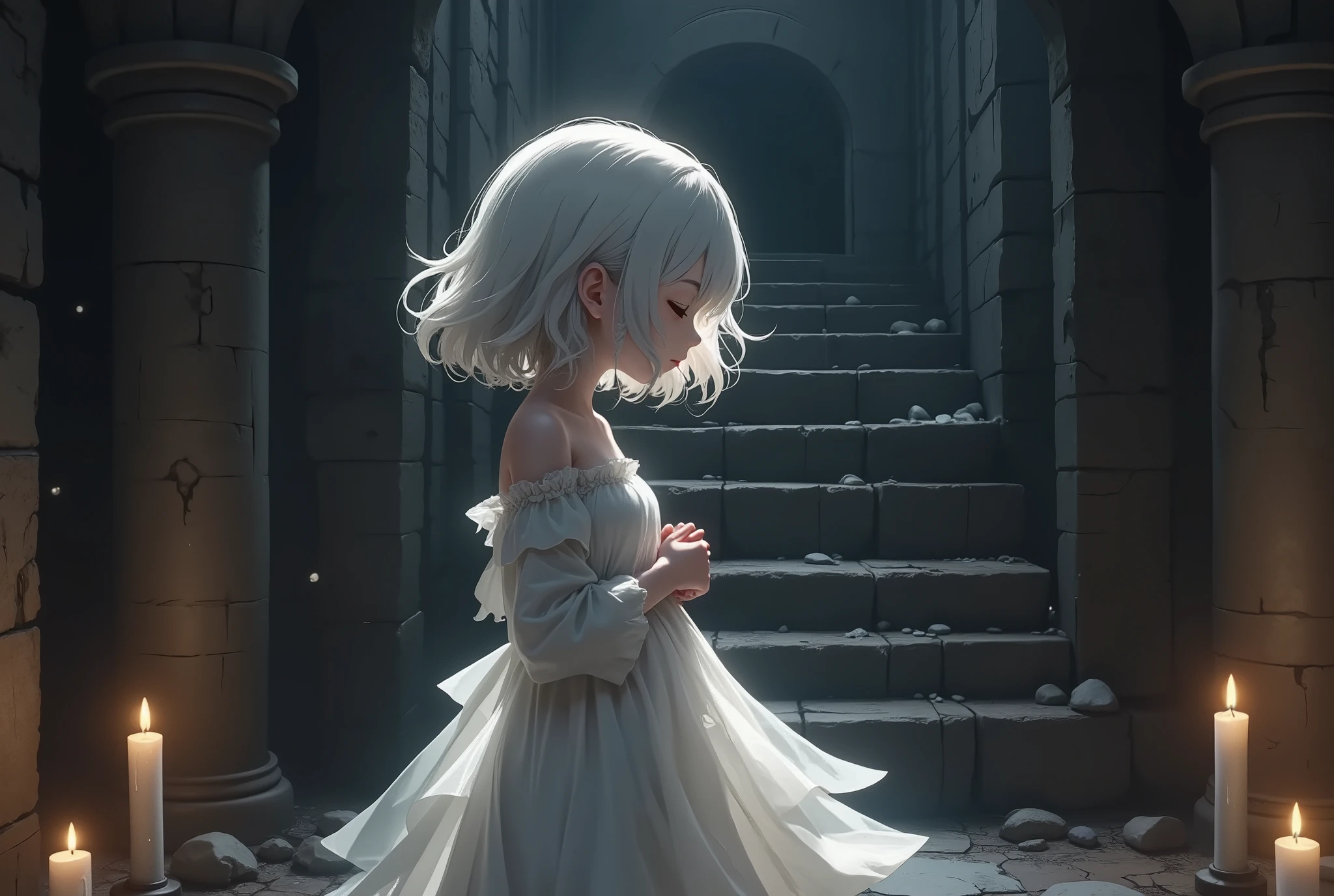 A delicate girl with flowing white wavy hair stands gracefully in a dark, ruined hall. Her side-facing pose highlights her soft features and intricate hairstyle, while her hands are gently clasped near her chest, conveying a sense of unease. Her luminous white dress reflects the warm glow of the surrounding candles, creating a soft interplay of light and shadow. The flickering candles cast a magical ambiance, with dark stone stairs and shadows forming a foreboding backdrop. The subtle reflections on her hair and