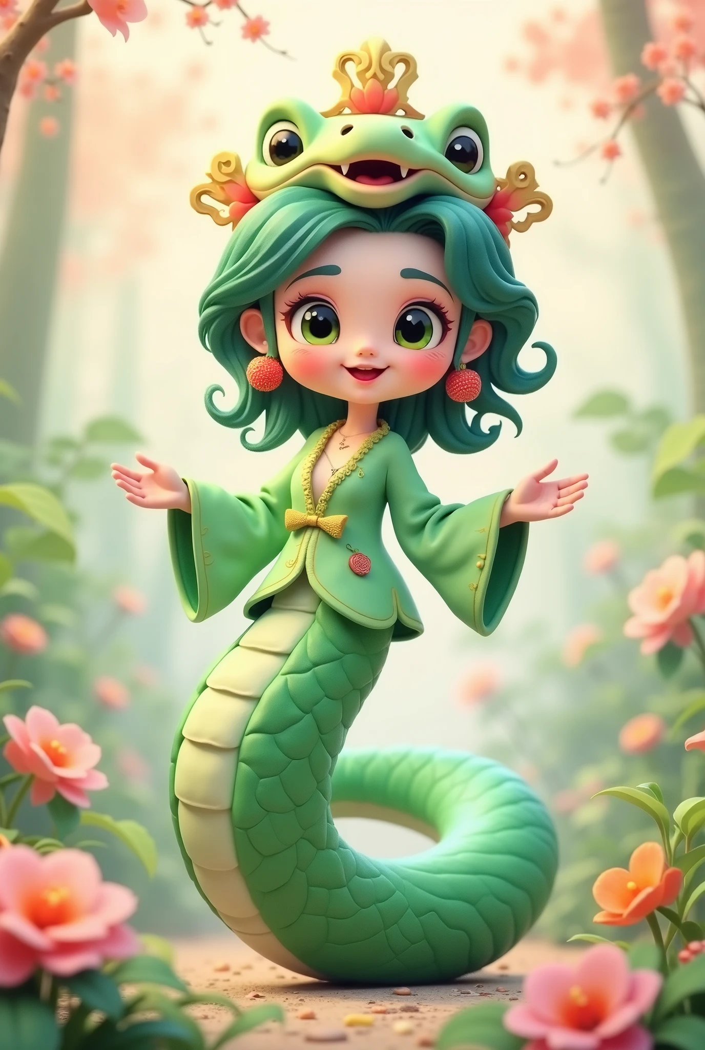(  masterpiece,   best quality:1.2), 1Snake girl:1.5  ,  Fangs，unique ，cute，Open your arms， Chinese style，(((cartoon hat:1.5)))，(((action)))，flower