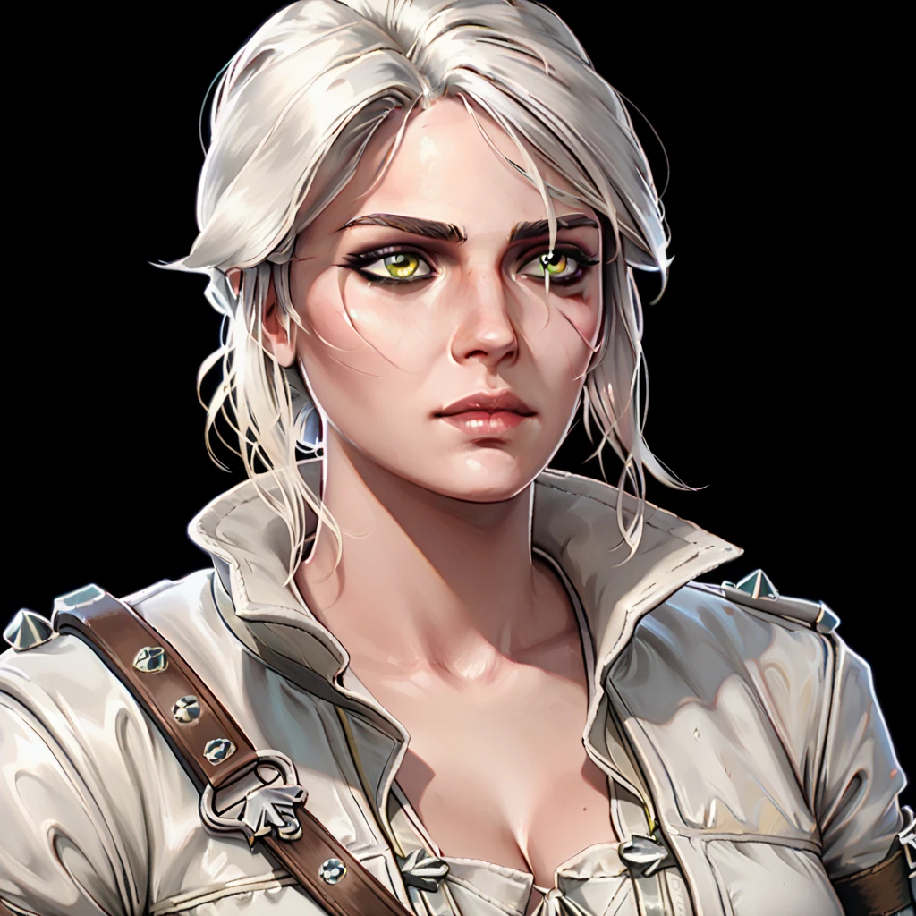 one woman, ciri, (green eyes:1.2), white hair, (upper body:1.3), (black background, clear background:1.5), (white military jacket:1.2), (studio lights, deep shadows:1.3), (big chest:1.2)