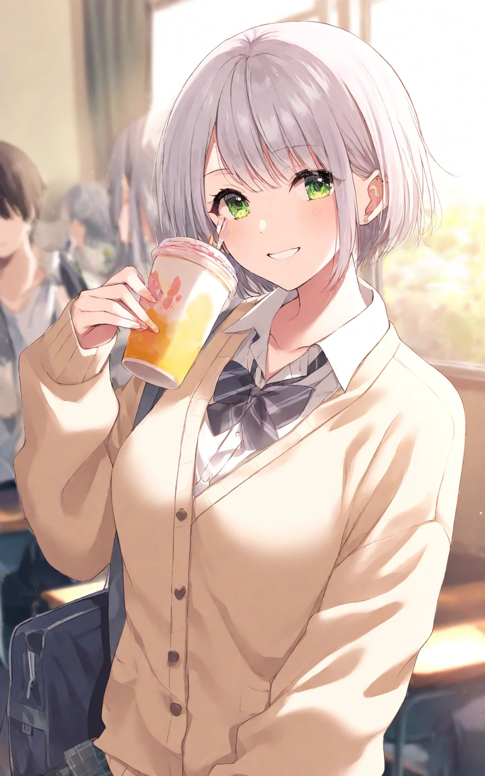  silver hair short hair、High school girl wearing a beige cardigan、 green eyes、Height: 150cm、Breasts are about D cup、I'm having lunch at school with my boyfriend