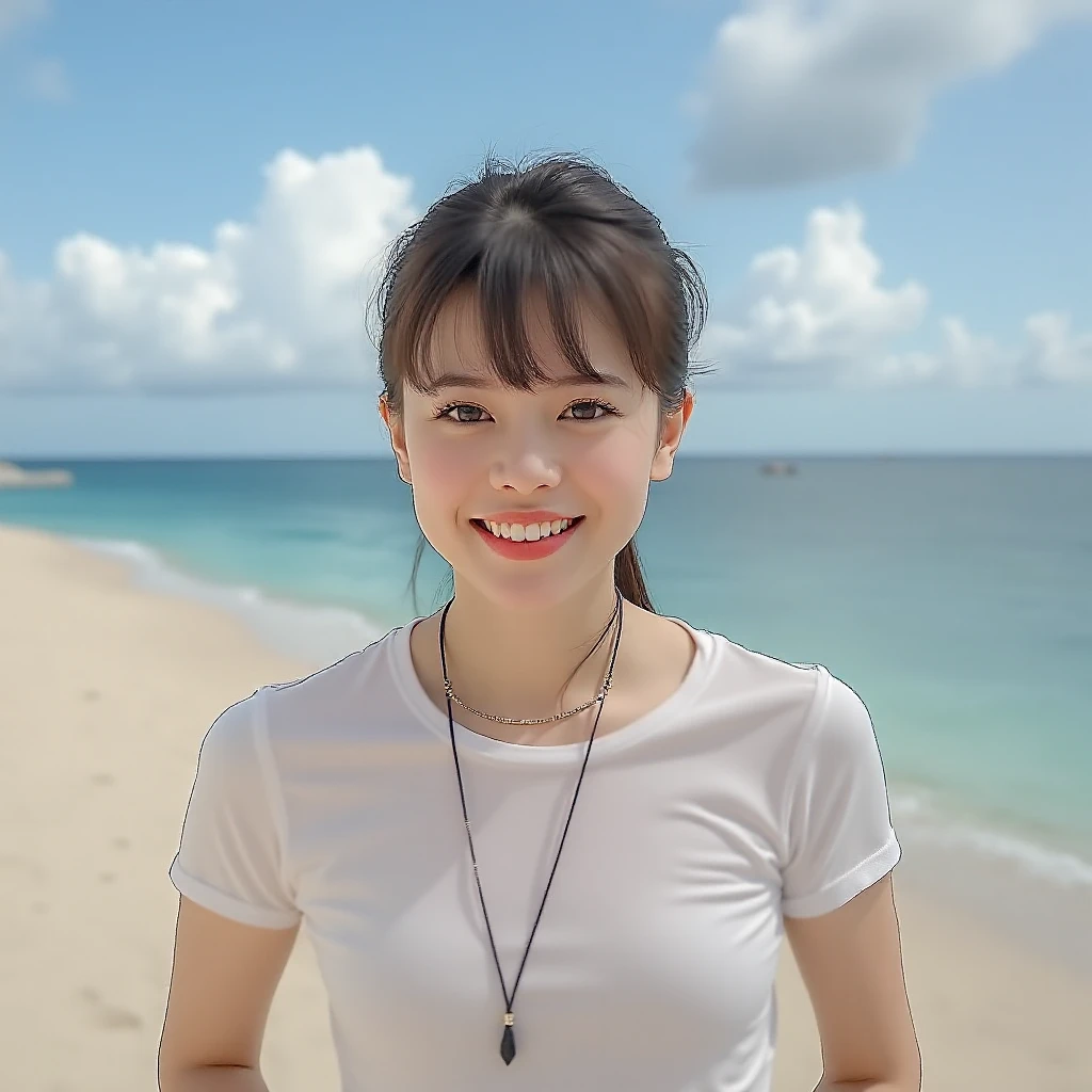 high resolution photograph of a Japanese female idol, 8k, RAW photo, (amazing quality, masterpiece),(realistic, photo-realistic), intricate details, cinematic lighting, portrait, solo, 1girl, a charming lady, (standing), (skinny, slim, thin and short body, flat chest, narrow waist, small ass, thin legs, bare legs, little bodybuilder), (wet clothes, tight-fitting white t-shirt, covered thin nipples, striped thong,:1.3), smiling, cute face, detailed face, detailed seductive eyes, sophisticated nose, pale skin, perfect anatomy, perfect hands, detailed hands, looking at the camera, outdoors, sandy beach, ocean view, blue sky and clouds,