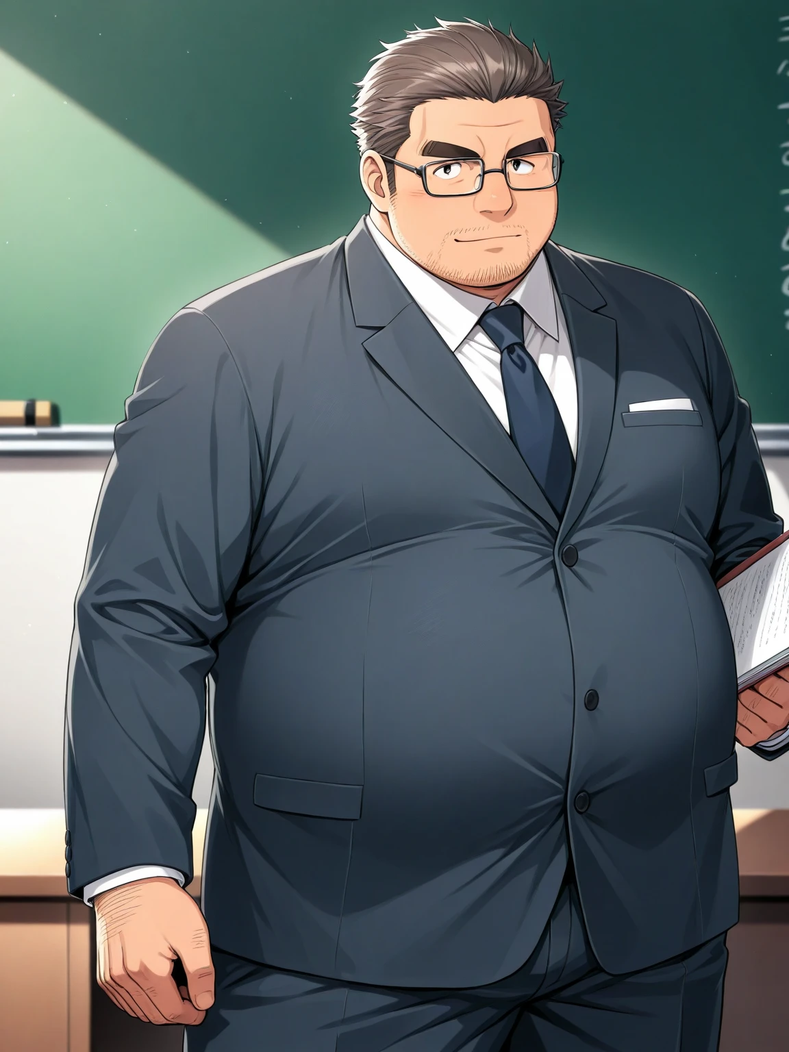 big fat dad, middle-aged,suit,Japanese, slicked back hair, teacher, glasses
