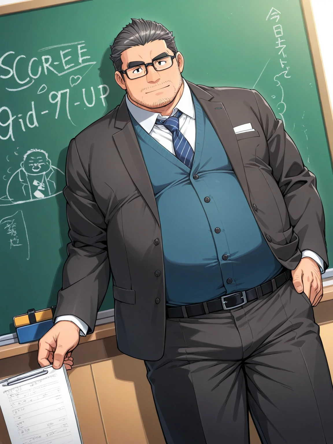 big fat dad, middle-aged,suit,Japanese, slicked back hair, teacher, glasses
