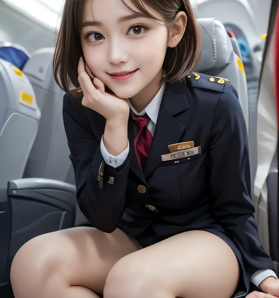     top quality、Masterpiece、      ultra high definition 、  Masterpiece  、Clear Photo、    RAW photos 、(   very cute girl sinking、   beautiful girl  、  Cute Yoda Yuki、  the cutest   )、、   Small face   、smile、( Hunchback、    sit :1.4   )、Ultra slim、 slender、  Thin Waist、    Beautiful Legs、( cute flight attendant 、Wear a uniform、Standing in the aisle of an airplane)、(  raise one leg :1.2、 legs together:1.2、  white panties visible)、    very short hair :1.6、 review、    full body portrait   