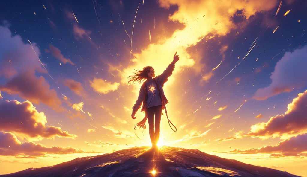 A symbol of the light of hope:
主人公が壮大な空をbackgroundに立っているシーン。

background: The protagonist looks ahead with strength。The sun breaks through the clouds, drawing a line of light、輝く空にhopeを感じさせる。With gold and white as the base color, which symbolizes hope。

 characters: and strikes a pose as if grasping the light、The setting is the infinite sky、光を掴むような poseを取る。Footprints of the path he has walked so far are drawn at his feet、A scene in which light particles float around。


 vibe:
勇気とhopeに満ちた情景を表現。情熱Symbolizes する暖かな赤やオレンジ、hopeSymbolizes する金や白を基調にし、A deep blue gradation is added to the sky to emphasize its strength。

 charactersのデザイン:

clothing: 動きやすいアクティブなclothingで、A simple jacket and pants style。Expresses a scene full of courage and hope（hopeの光の象徴）Put on。

 pose: One hand stretched out towards the sky、The shining sky gives a sense of hope、His other hand is clenched into a fist, expressing determination。


Other elements:

Light effects: Countless light particles float around the main character、The composition of the illustration in the lyrics「my light」Symbolizes 。Light is gradually々It spreads to 、background全体に繋がるように演出する。

Expression of movement:  charactersの髪や衣服が風になびき、A small shining symbol on the chest。


theme:
「hope」「breakthrough」「Sparkle」「 Road to the Future 」 、An image that delivers emotion and energy to the viewer。