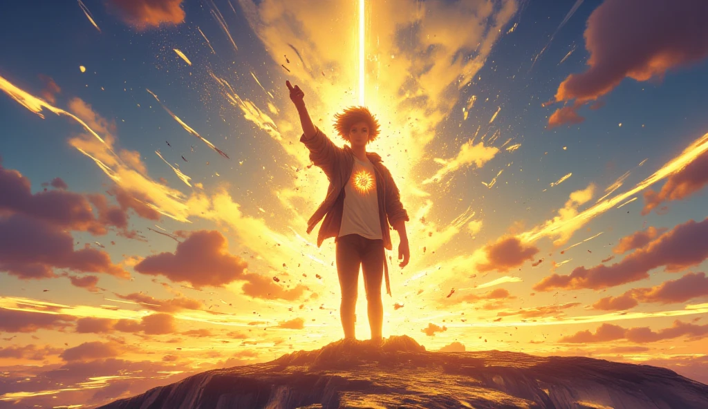 A symbol of the light of hope:
主人公が壮大な空をbackgroundに立っているシーン。

background: The protagonist looks ahead with strength。The sun breaks through the clouds, drawing a line of light、輝く空にhopeを感じさせる。With gold and white as the base color, which symbolizes hope。

 characters: and strikes a pose as if grasping the light、The setting is the infinite sky、光を掴むような poseを取る。Footprints of the path he has walked so far are drawn at his feet、A scene in which light particles float around。


 vibe:
勇気とhopeに満ちた情景を表現。情熱Symbolizes する暖かな赤やオレンジ、hopeSymbolizes する金や白を基調にし、A deep blue gradation is added to the sky to emphasize its strength。

 charactersのデザイン:

clothing: 動きやすいアクティブなclothingで、A simple jacket and pants style。Expresses a scene full of courage and hope（hopeの光の象徴）Put on。

 pose: One hand stretched out towards the sky、The shining sky gives a sense of hope、His other hand is clenched into a fist, expressing determination。


Other elements:

Light effects: Countless light particles float around the main character、The composition of the illustration in the lyrics「my light」Symbolizes 。Light is gradually々It spreads to 、background全体に繋がるように演出する。

Expression of movement:  charactersの髪や衣服が風になびき、A small shining symbol on the chest。


theme:
「hope」「breakthrough」「Sparkle」「 Road to the Future 」 、An image that delivers emotion and energy to the viewer。