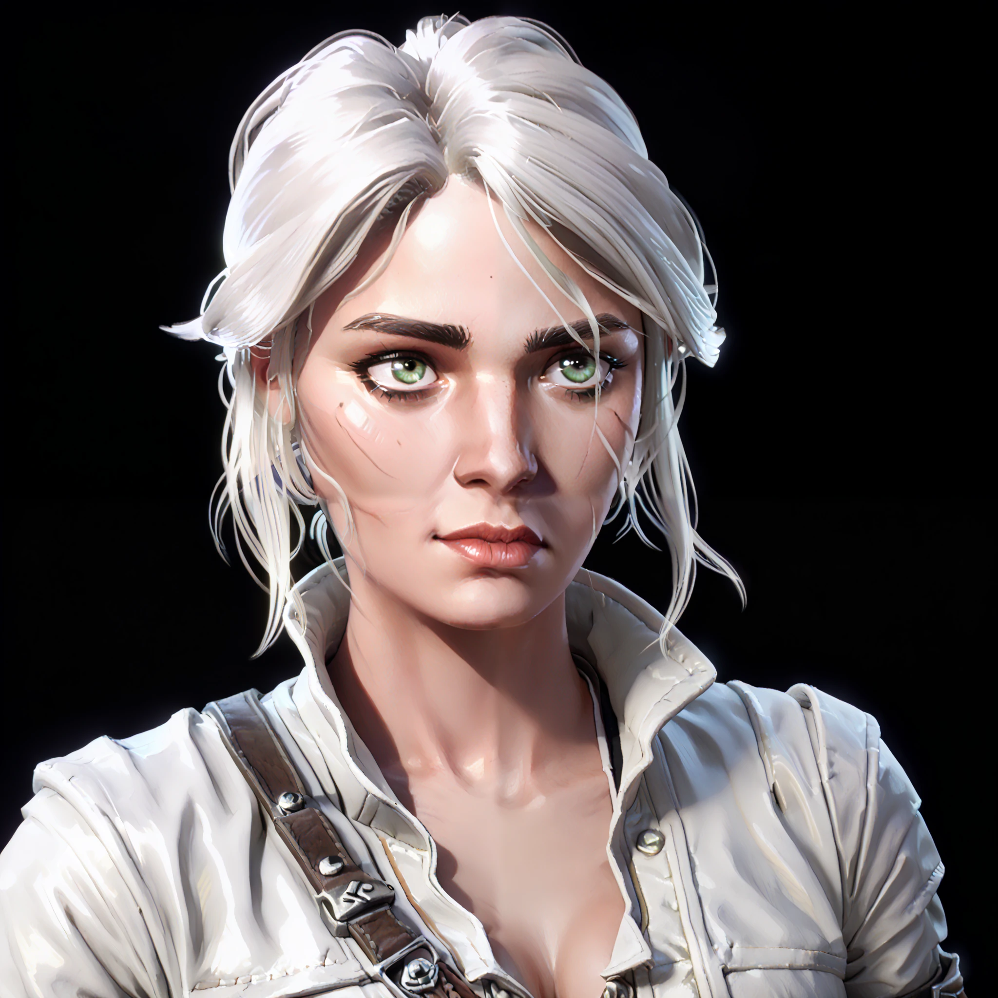 one woman, ciri, (green eyes:1.2), white hair, (upper body:1.3), (black background, clear background:1.5), (white military jacket:1.2), (studio lights, deep shadows:1.3), (big chest:1.2)