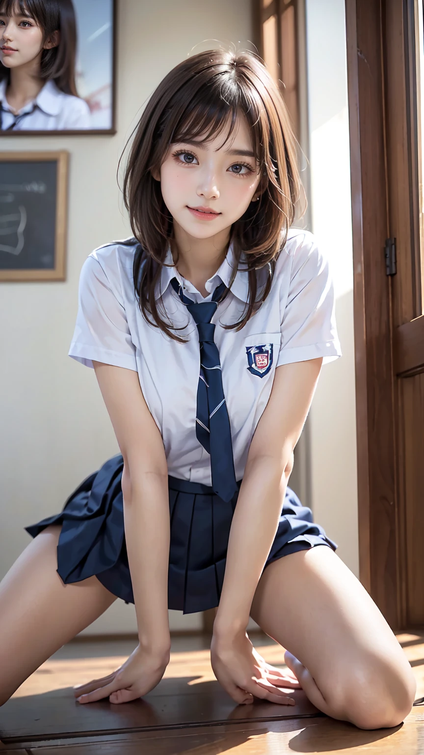 ((top-quality、8K、masterpiece:1.3))、1人、Slender Abs、sofas、hyperdetailed face、A detailed eye、二重まぶた、straight flat chest、tiny chest、small tits、neat college girl、short-hair、Straight bob hair、Shorthair with bangs、A smile、Schoolgirl Uniform、Panties are visible、a 20 yo woman、Sheer white shirt、Navy blue ribbon at the collar、Dark blue pleated micro mini、Sexy、Peek at the viewer、Beautiful graphics、Bright school building with strong sunlight、Show me your whole body、sitted、Crouching、Plump panties、White Sox、White silk panties from the skirt are always visible、The shirt is wet and sheer、Facing the front, Squatting and peeing、White panties are visible through the gap in the skirt