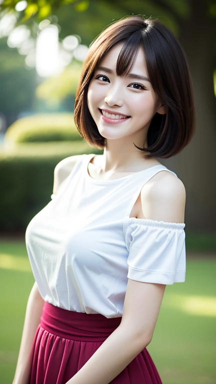 (Highest quality,masterpiece:1.3,Ultra-high resolution),(Very detailed,Caustics,8K),(Realistic:1.4,RAW shooting),1 Girl,18-year-old,cute,Japanese,Black short bob,(Tight T-shirt、Nipple erection、flare skirt、Cleavage),(Look at me with a smile),morning,blue sky,sun,Natural light,School Playground,(Front shot),Face Focus,Face close-up,Bust up shot,Low position,Low Angle,Backlight,Lens flare、Showing off her luxury panties、Tuck up your skirt、