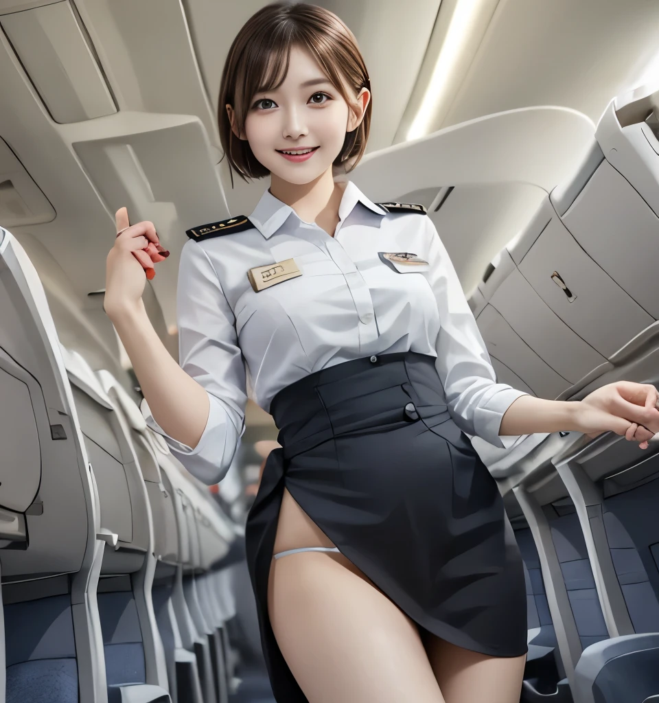     top quality、Masterpiece、      ultra high definition 、  Masterpiece  、Clear Photo、    RAW photos 、(   very cute girl sinking、   beautiful girl  、  Cute Yoda Yuki、  the cutest   )、*********、   Small face   、smile、( Hunchback、    sit :1.4   )、Ultra slim、 slender、  Thin Waist、    Beautiful Legs、( cute flight attendant 、Wear a uniform、Standing in the aisle of an airplane:1.2)、(  raise one leg :1.2、 legs together:1.2、  white panties visible)、    very short hair :1.6、 review、    full body portrait   