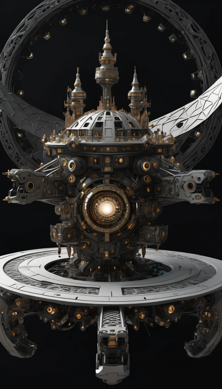 A hyper-detailed digital graphic art depicting a colossal mechanical castle floating in the vast expanse of space, The castle is composed of an intricate assembly of countless small parts each meticulously designed, The background features the eerie and captivating presence of a black hole its gravitational pull adding a dramatic tension to the scene, The overall composition is otherworldly and mystical capturing the essence of an AI-controlled ever-expanding machine fortress, (((black backgrounid、a black world))), unity 8k wall paper, ultra-detailliert, Beautifully Aesthetic, ​masterpiece, top-quality, (Zentangle, a Mandala, Tangles, Tangles), (Fractal Art:1.3), ighly detailed, Dynamic angles, Cowboy Shots, The most beautiful forms chaos, Brutalist design, Vibrant colors, (((black backgrounid, Pure black background