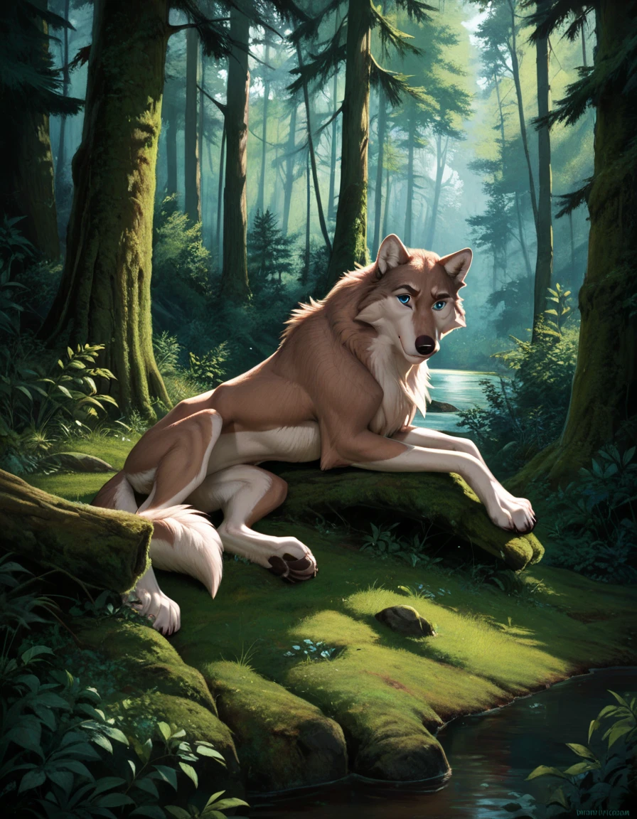 score_9, score_8_up, score_7_up, aleu, two tone fur, no humans, body fur, wolf, animal, solo, blue eyes, lies on side, full body, animal focus, side view, forest, detailed background