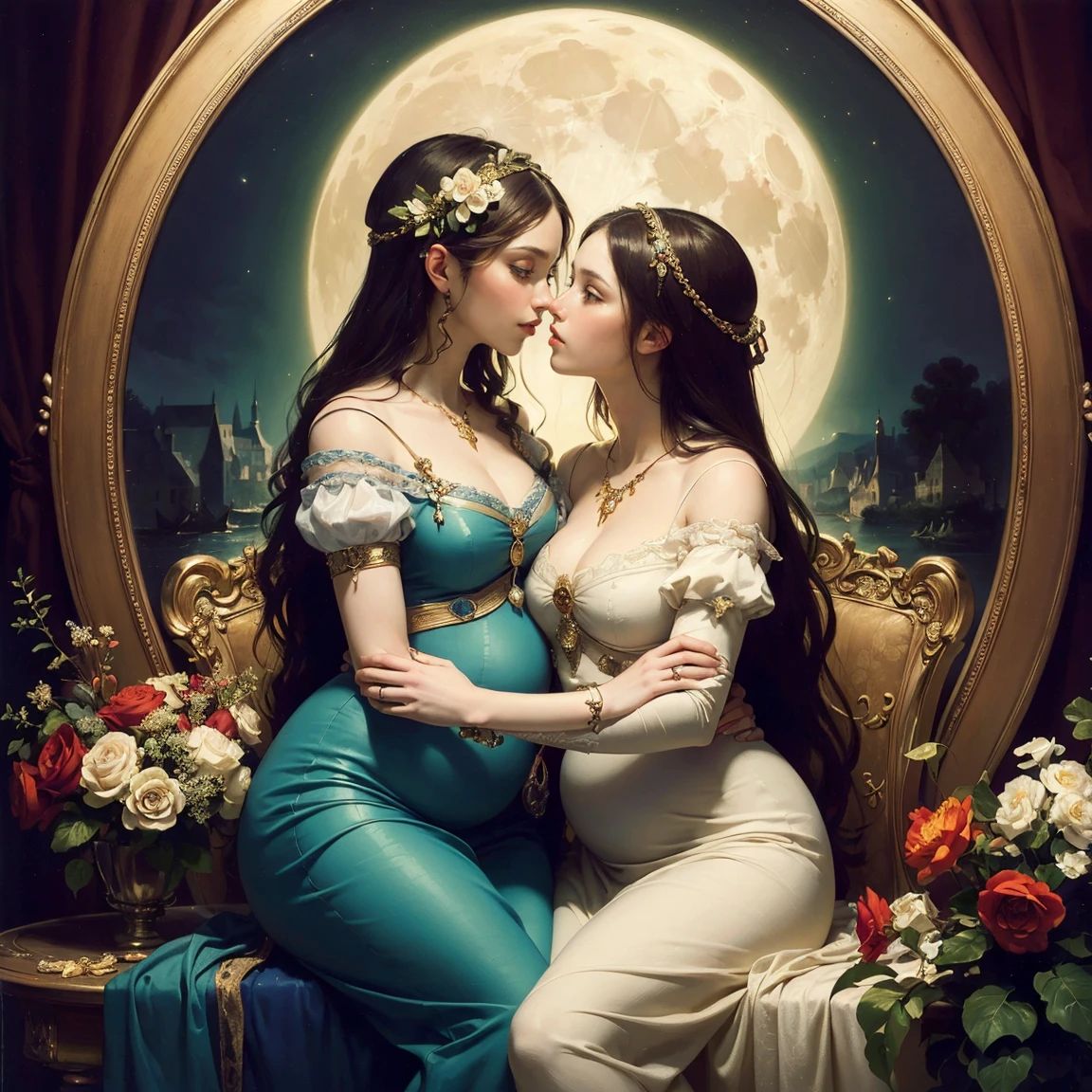 (masterpiece, highest quality, official art, beauty and aesthetic:1.5), oil painting by Leonardo da Vinci and Alfons Maria Mucha, perfect anatomy, two gorgeous and stunning pale-skinned young pregnant goddesses is deeply in love with each other, kiss, fantastic make-up, jewelry, romantic atmosphere, flower and moon, magnificent panorama view
