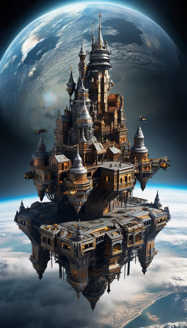 A hyper-detailed digital graphic art depicting a colossal mechanical castle floating in the vast expanse of space, The castle is composed of an intricate assembly of countless small parts each meticulously designed, The background features the eerie and captivating presence of a black hole its gravitational pull adding a dramatic tension to the scene, The overall composition is otherworldly and mystical capturing the essence of an AI-controlled ever-expanding machine fortress,