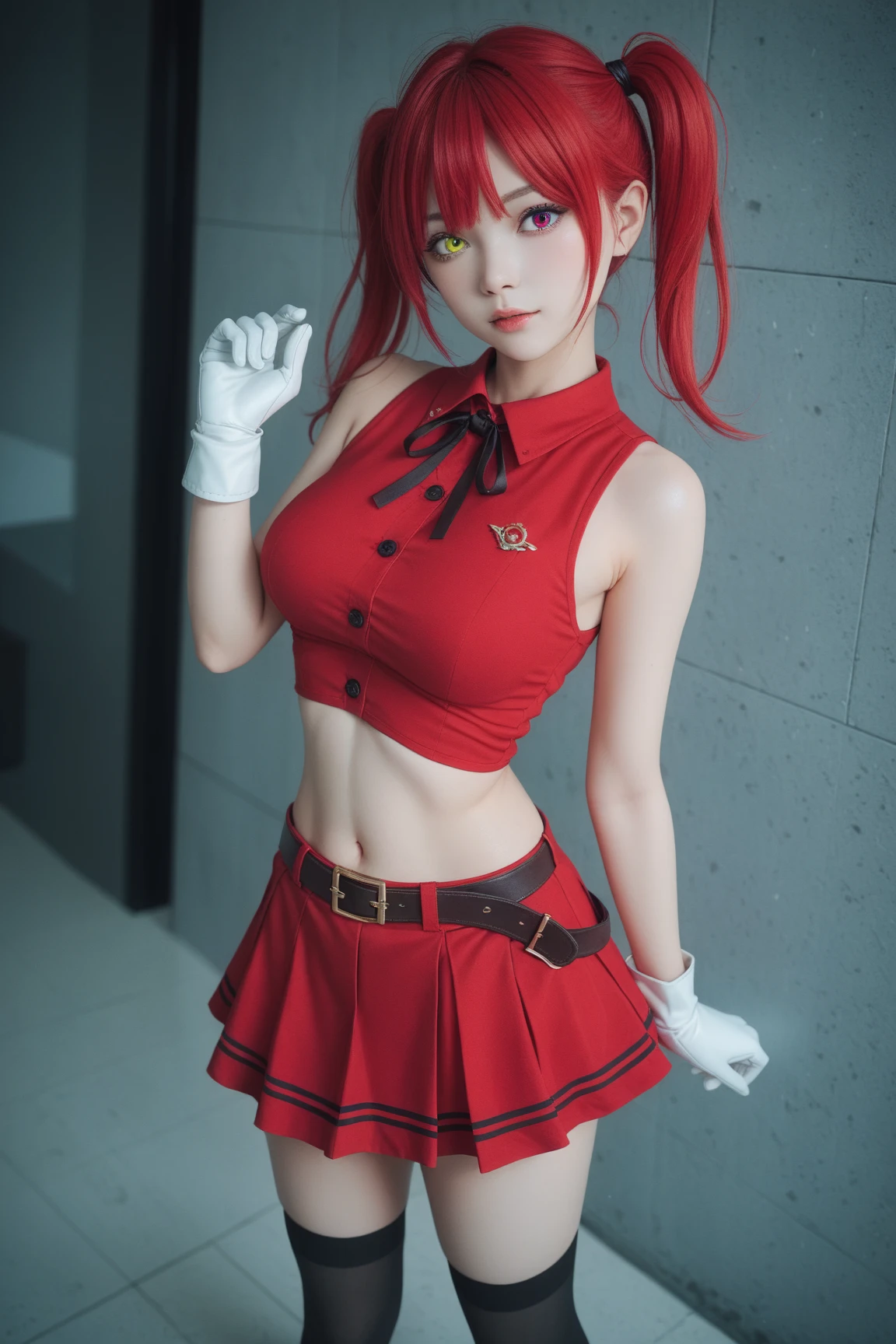 (masterpiece),(best quality),(ultra-detailed),(best illustration),(best shadow),(absurdres),(detailed background),(very aesthetic), wizzard, short hair, red hair, ((twin tail)), red eyes, cloak, ((red_ornamentedium_tits)), exposed belly, 1girl, legs exposed, strikes, Perfect face, short skirt, knee socks,add_detail:1, add_detail:0, add_detail:0.5, moody light,and the sun was shining brightly,8k,hyper-detailing