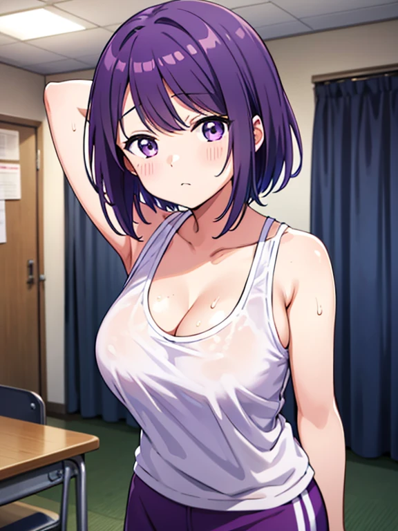 Shooting in the classroom,Photograph the whole body, is standing,Nagisa Kubo,  One Girl , purple hair, purple eyes, short hair,Big Breasts, cleavage in years,white gym clothes, hands behind head in bed, Sweaty 