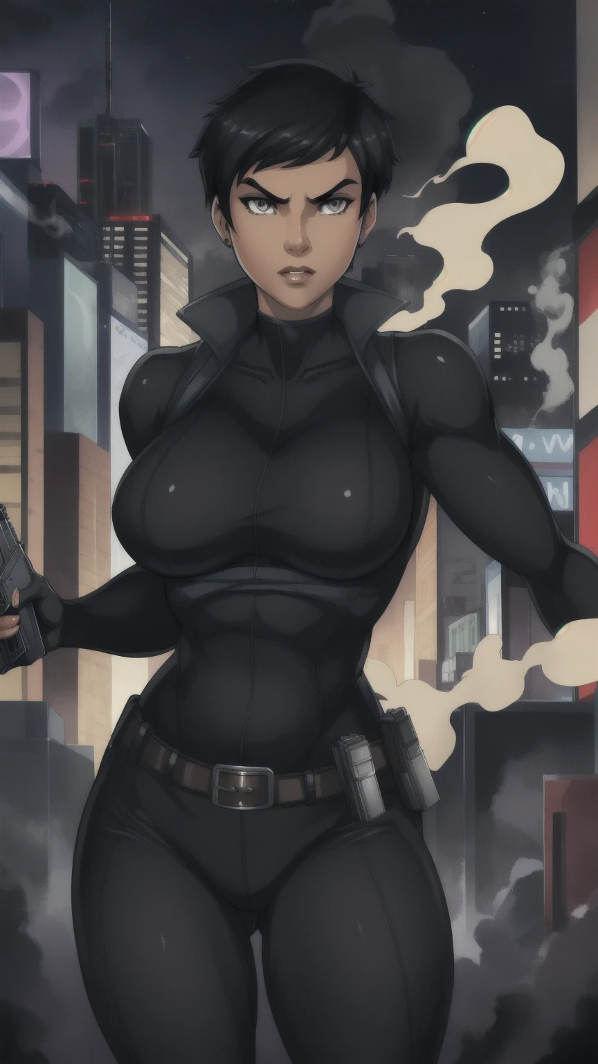 Lois Lane, a woman, black skintight costume, ((((light skin)))), very short black hair, grey eyes, belt, holding a pistol, smoke from pistol, 8k, 16k, perfect female anatomy, trending on pixiv, fanbox, skeb, masterpiece, detailed face, digital painting, night city background,  