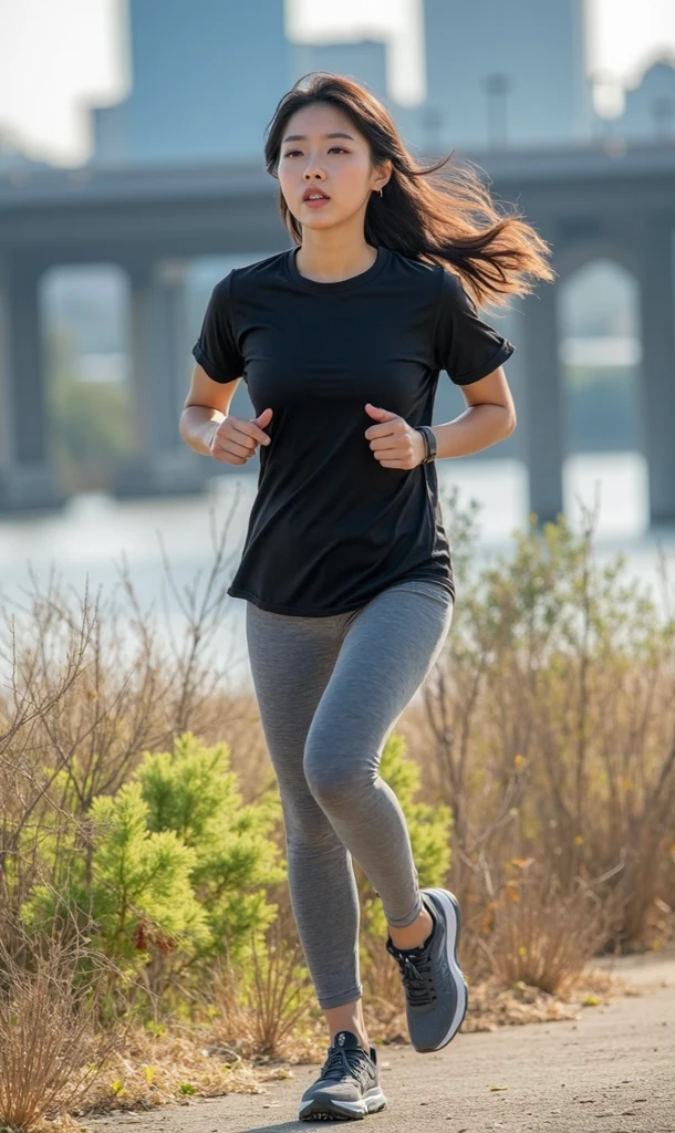 1 woman, 24 years old, running shorts, racerback, black hair, realistic, 4k, full body, small breasts