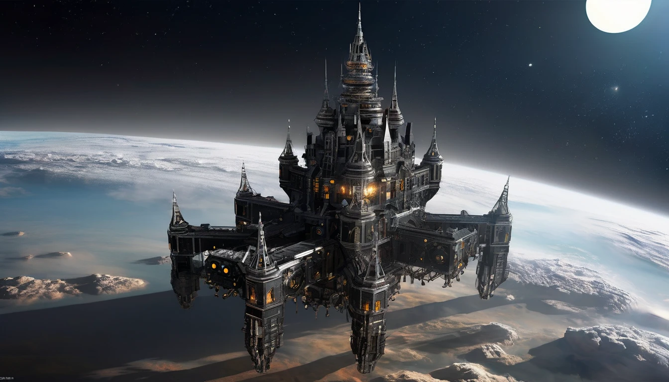 A hyper-detailed digital graphic art depicting a colossal mechanical castle floating in the vast expanse of space, The castle is composed of an intricate assembly of countless small parts each meticulously designed, The background features the eerie and captivating presence of a black hole its gravitational pull adding a dramatic tension to the scene, The overall composition is otherworldly and mystical capturing the essence of an AI-controlled ever-expanding machine fortress,