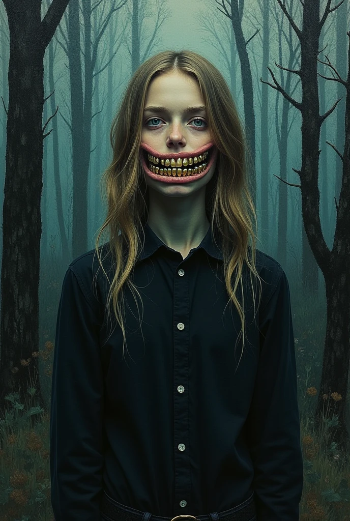 (a girl with dark brown hair and dark blue eyes. wears a mask with holes for the eyes and a scary smile. wears a black hoodie, dark jeans and dark sneakers. height: 160 cm)