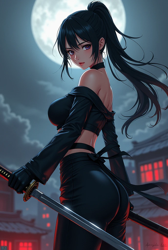 1girl in, (Lori with a very young face:1.2) , (flat chest:1.2), A nasty female ninja with a very young face ,, {{kawaii:1.3}}, Cute, {lovely:1.3}3, tiny girl, Black hair, Ponytail, gloves, Moon, elbow groves, Brown eyes, Night,, Looking at Viewer, fullmoon, Black Gloves, Long hair, Navel, Scrunchie, Bangs, Bare shoulders,Dynamic Pose with Legs Open, Holding a Japan sword:1.2,East Asian Architecture, nigh sky, architecture, side locks, hair scrunchie, Outdoors, skyporn,full bodyesbian:1.3, (A very loli and small 10-year-old girl with a slender body with beautiful nipples)、 (Girl in mini skirt showing off gal fancy little pink panties),(huge breast, big tits, slender waist)、tentacles, tentacles sex, vaginal,