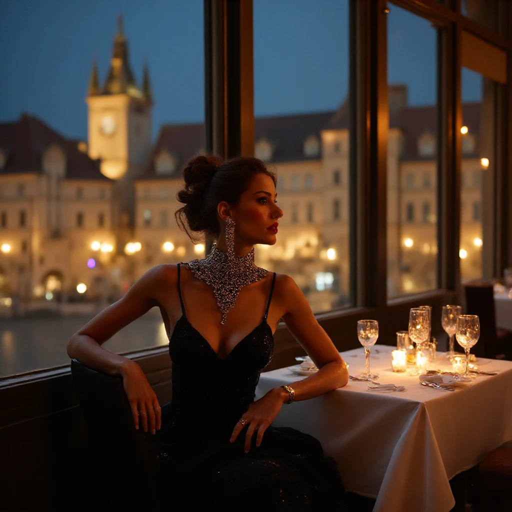 A luxurious nighttime restaurant scene overlooking Prague’s Old Town Square, featuring a glamorous supermodel seated at a table. She’s wearing a floor-length black evening gown with a dramatic neckline and an ornate collar, her hair styled in an elegant updo with a few loose strands. She accessorizes with sparkling drop earrings and a bracelet. Through the large windows, the illuminated Astronomical Clock tower is visible. The entire setting exudes a festive, romantic ambiance. Use warm, subdued lighting and soft shadows for a realistic impression of an exclusive dinner with a historic view