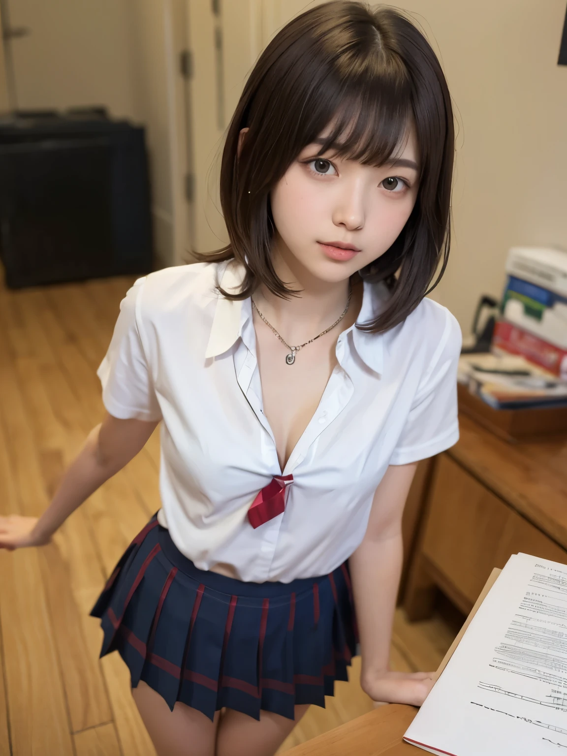 (8K、Raw photography、top-quality、masterpiece:1.2),Black pantyhose,absurderes,a small face,small tits,flat breast,Parting the bangs from the middle、Forehead visible,(Tight eyes,Bullish,skinny,Rasping,irate)、masterpiece,top-quality、超A high resolution,Raw photo,ren,Beautiful fece,One Person, 独奏,eye glass,,Dark look,Small breasts,fullllbody,Round glasses、cute little、A Japanese Lady,is standing,(Tight eyes,Bullish,skinny,Rasping,irate,small tits,flat breast)、(Photorealsitic:1.37)、Photon mapping,Light blue ribbon,Realistic、Cute little face,Brown-eyed、Black socks、(Red bow tie)、Radio City、Physically Based Rendering、Foreground、depth of fields、Blurry background、a picture,The girls、Body, Long legs, Thin leg,poneyTail,(Bangs are visible), hair, s lips, Blue_The eye, nosesoft,White shirt, Navy blue and white plaid pleated skirt, Knees are visible,Sheer clothing,, Thigh, Black cotton socks,Nogizaka Idol, 女優, Japanese ido、large boob、Open your shirt to expose your chest、cleavage of the breast、How to put out panties、fully body photo、Bare、Crouch Panty Shot