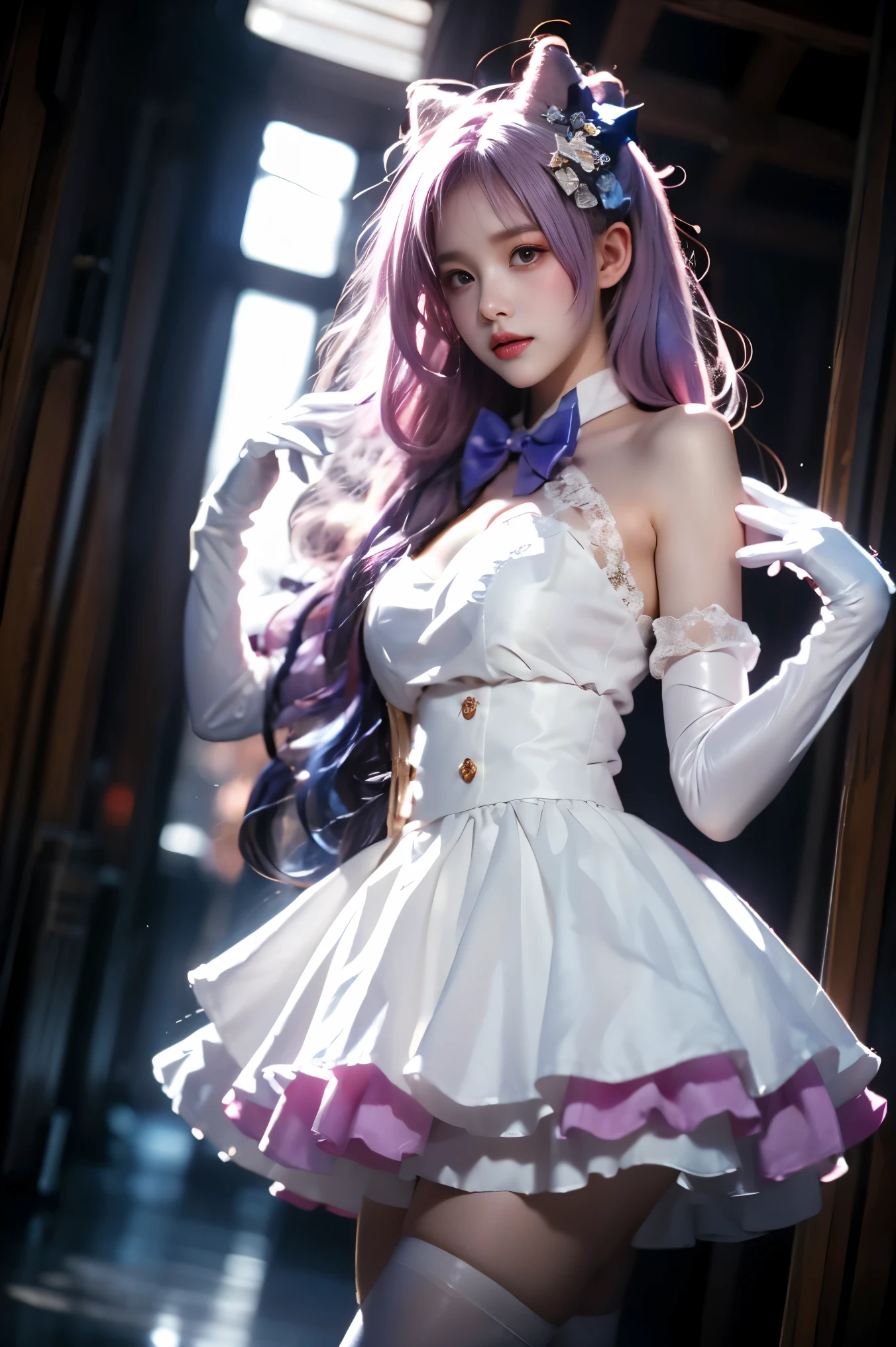 sangonomiya kokomi cosplay costume, sangonomiya kokomi, genshin impact, cosplay, alternate costume, pink hair, gradient hair, multicolored hair, long hair, dress, off-shoulder dress, frilled dress, frills, bow, detached collar, detached sleeves, dress bow, bare shoulders, fake animal ears, animal ears, rabbit ears, hair ornament, gloves, white gloves, thighhighs, white high heels (cowboy shot:1.3), (from below:1.2),photorealistic beautiful woman, fashion model with long legs, (standing in hallway:1.2), portico corridor,  single bare shoulder,     (elegant contrapposto pose:1.2), graceful stance, slim athletic figure, (high detailed skin:1.2), (Full breasts, visible cleavage, very short hemlines, revealing smooth thighs), soft ambient lighting, cinematic lighting, depth of field, 85mm portrait photography, natural shadows, professional fashion photography, high-end magazine style,  high resolution, masterpiece, best quality,  intricate details, hyperrealistic