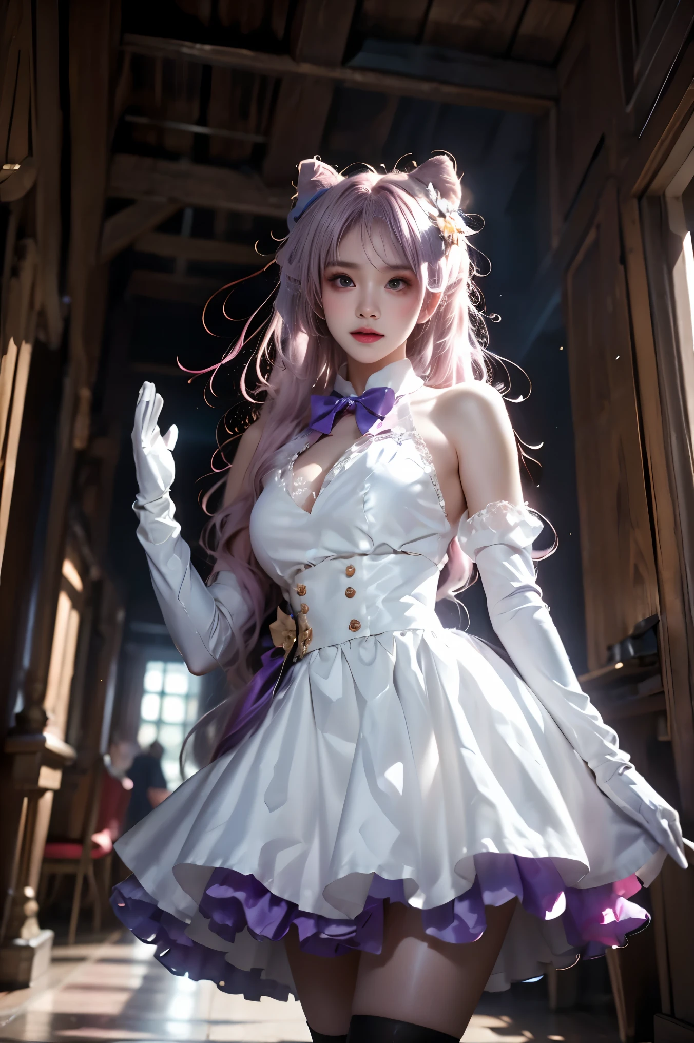 sangonomiya kokomi cosplay costume, sangonomiya kokomi, genshin impact, cosplay, alternate costume, pink hair, gradient hair, multicolored hair, long hair, dress, off-shoulder dress, frilled dress, frills, bow, detached collar, detached sleeves, dress bow, bare shoulders, fake animal ears, animal ears, rabbit ears, hair ornament, gloves, white gloves, thighhighs, white high heels (cowboy shot:1.3), (from below:1.2),photorealistic beautiful woman, fashion model with long legs, (standing in hallway:1.2), portico corridor,  single bare shoulder,     (elegant contrapposto pose:1.2), graceful stance, slim athletic figure, (high detailed skin:1.2), (Full breasts, visible cleavage, very short hemlines, revealing smooth thighs), soft ambient lighting, cinematic lighting, depth of field, 85mm portrait photography, natural shadows, professional fashion photography, high-end magazine style,  high resolution, masterpiece, best quality,  intricate details, hyperrealistic