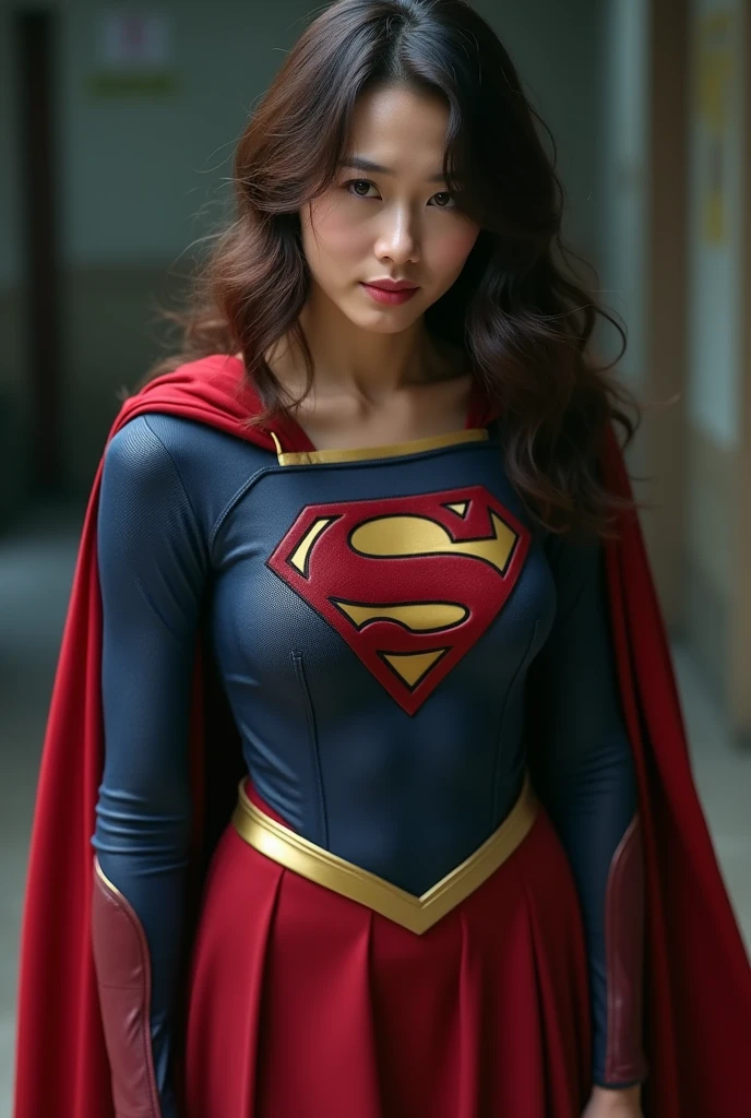 Crimson red cloak、Luxurious Supergirl with red and blue décor、the hair flutters with the wind、Stand at the top of the tower