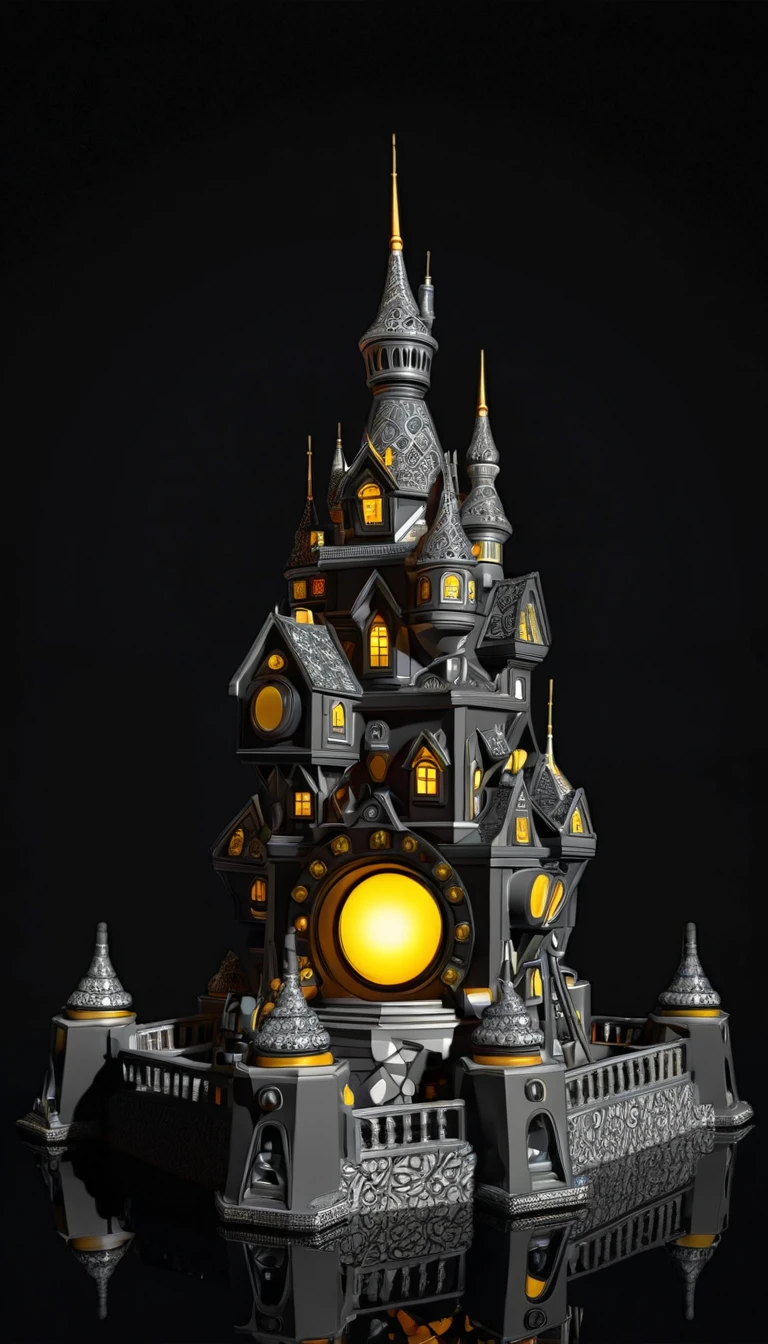 A hyper-detailed digital graphic art showcasing a mechanical castle set against the backdrop of a black hole, The castle is constructed from a myriad of tiny intricately connected parts constantly proliferating and evolving, Dramatic lighting highlights the interplay of light and shadow enhancing the mystical atmosphere, The scene is both futuristic and surreal representing an AI-driven stronghold in an imagined cosmic realm, (((black backgrounid、a black world))), unity 8k wall paper, ultra-detailliert, Beautifully Aesthetic, ​masterpiece, top-quality, (Zentangle, a Mandala, Tangles, Tangles), (Fractal Art:1.3), ighly detailed, Dynamic angles, Cowboy Shots, The most beautiful forms chaos, Brutalist design, Vibrant colors, (((black backgrounid, Pure black background, Floating circle)))