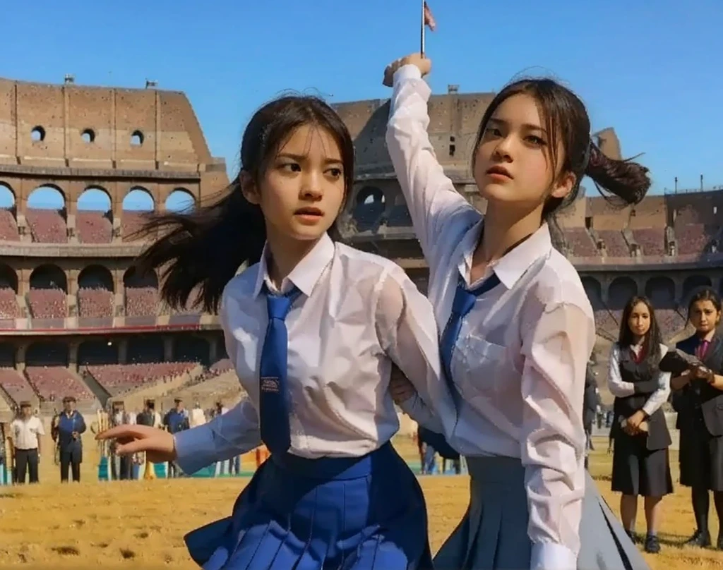 "Create a dynamic and epic illustration of two gen z girl wearing high school chlots, Asian faces, glasses, white long-sleeved shirt with front collar, gray ruffle skirt, white knee-length socks, black school shoes, fighting in the gladiatorial arena with swords, engaging in fierce combat inside a magnificent Roman colosseum. A scene Full of energy as two schoolgirls fight with great determination. One of the schoolgirls, wearing a long-sleeved white shirt with a front collar, a gray tie, a gray skirt, is holding a big sword, and is fighting . 

Her opponent, a female student wearing a white long-sleeved shirt with a front collar, blue tie, blue skirt, was lively and lively, equipped with two short swords, her movements were fast and precise.

The arena was filled with a roaring crowd, with dust and debris flying from the force of their blows. The setting sun cast a golden hue over the entire battlefield, accentuating the sweat and intensity on their faces. Their weapons clashed with sparks flying, and the tension in the air was palpable. The backdrop features the towering stone walls of the coliseum, with banners fluttering in the wind, adding to the grandeur of the scene.

The overall atmosphere should reflect the strength, skill and determination of the gladiators, focusing on the dramatic and heroic nature of their fights.