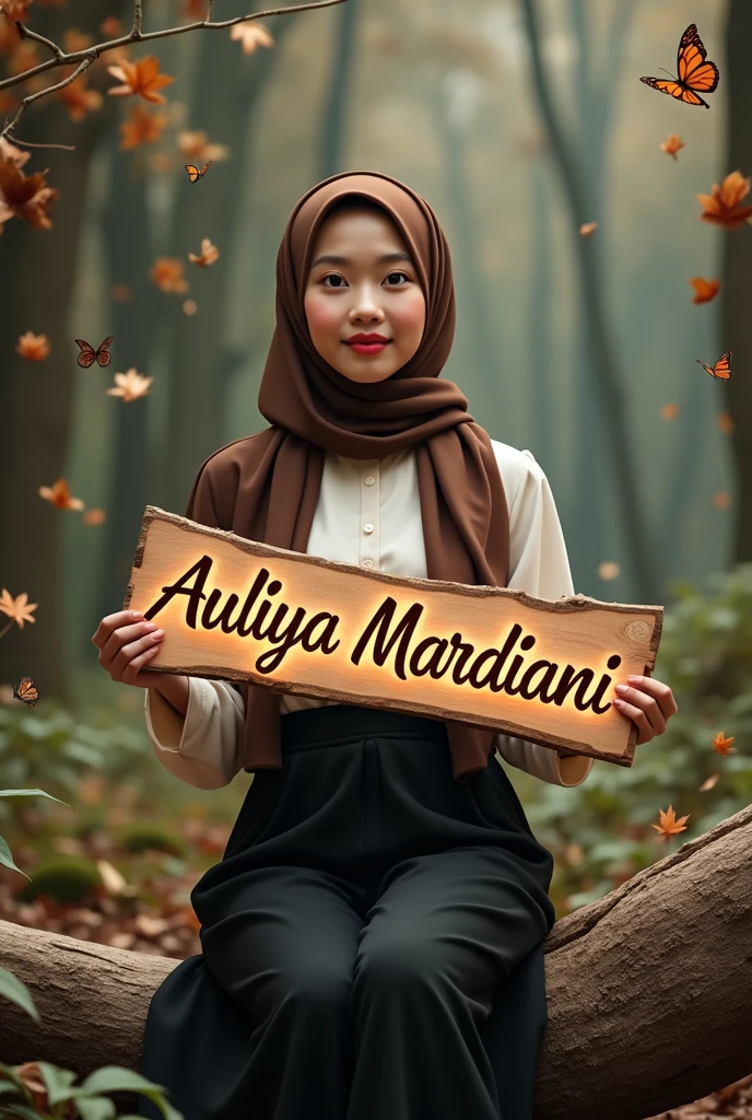 A hijab girl wearing gown of Cinderella, sitting on a sofa which has wing, she wear a crown, holding a cardboard, write Munawwara on the cardboard