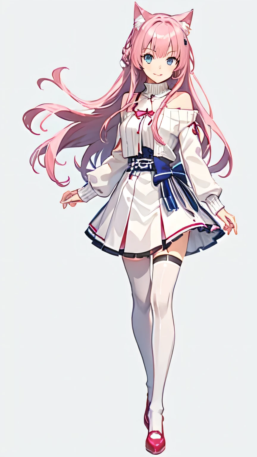 masterpiece, best quality, high resolution, white simple background, standing, slim waist, cute, sailor uniform, red skirt, knee high long socks, (Pastel Colors: 1.3), full body